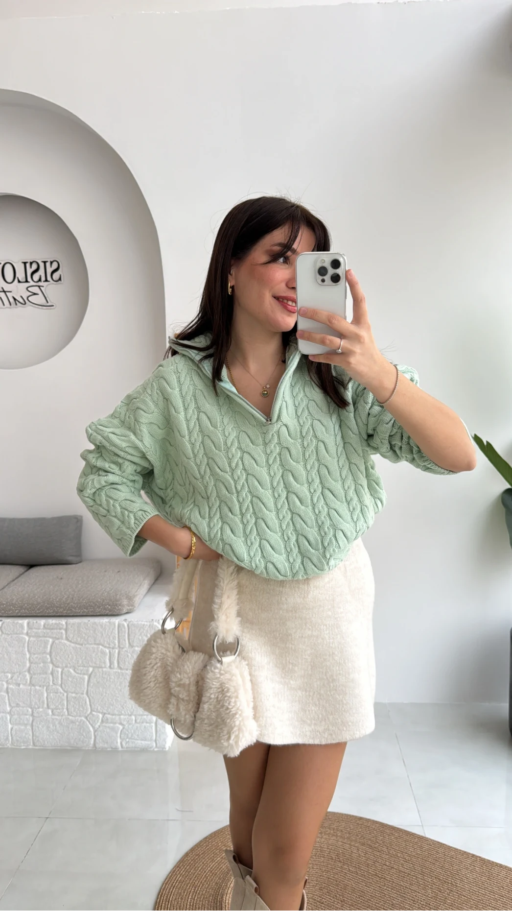 Örgülü Dik Yaka Fermuarlı Kazak - Açık Yeşil - Kod: 231078