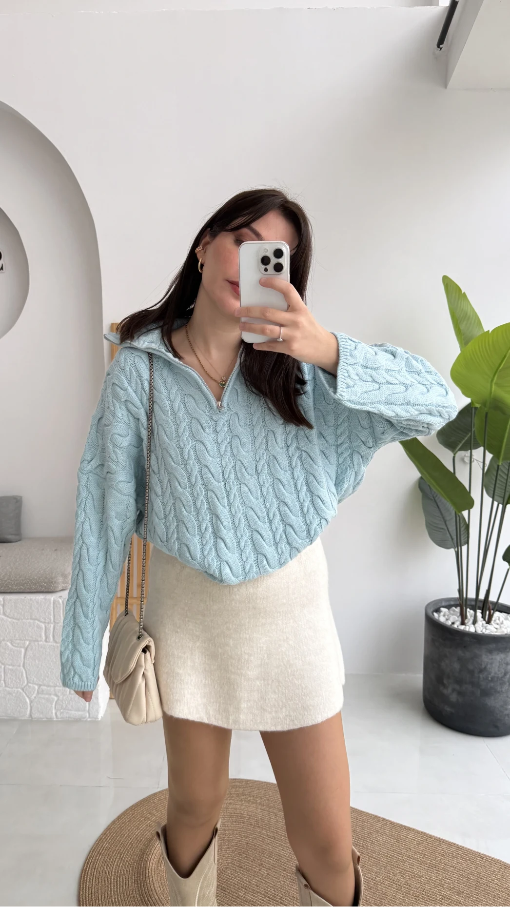 Örgülü Dik Yaka Fermuarlı Kazak - Cam Göbeği - Kod: 231078