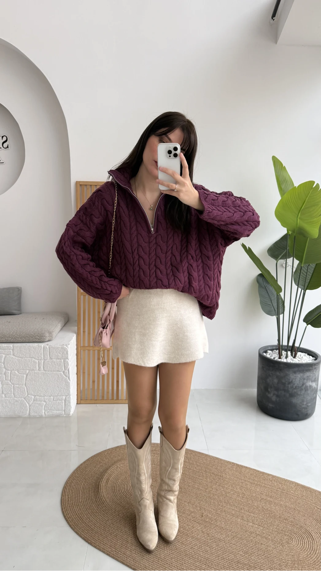 Örgülü Dik Yaka Fermuarlı Kazak - Cherry - Kod: 231078