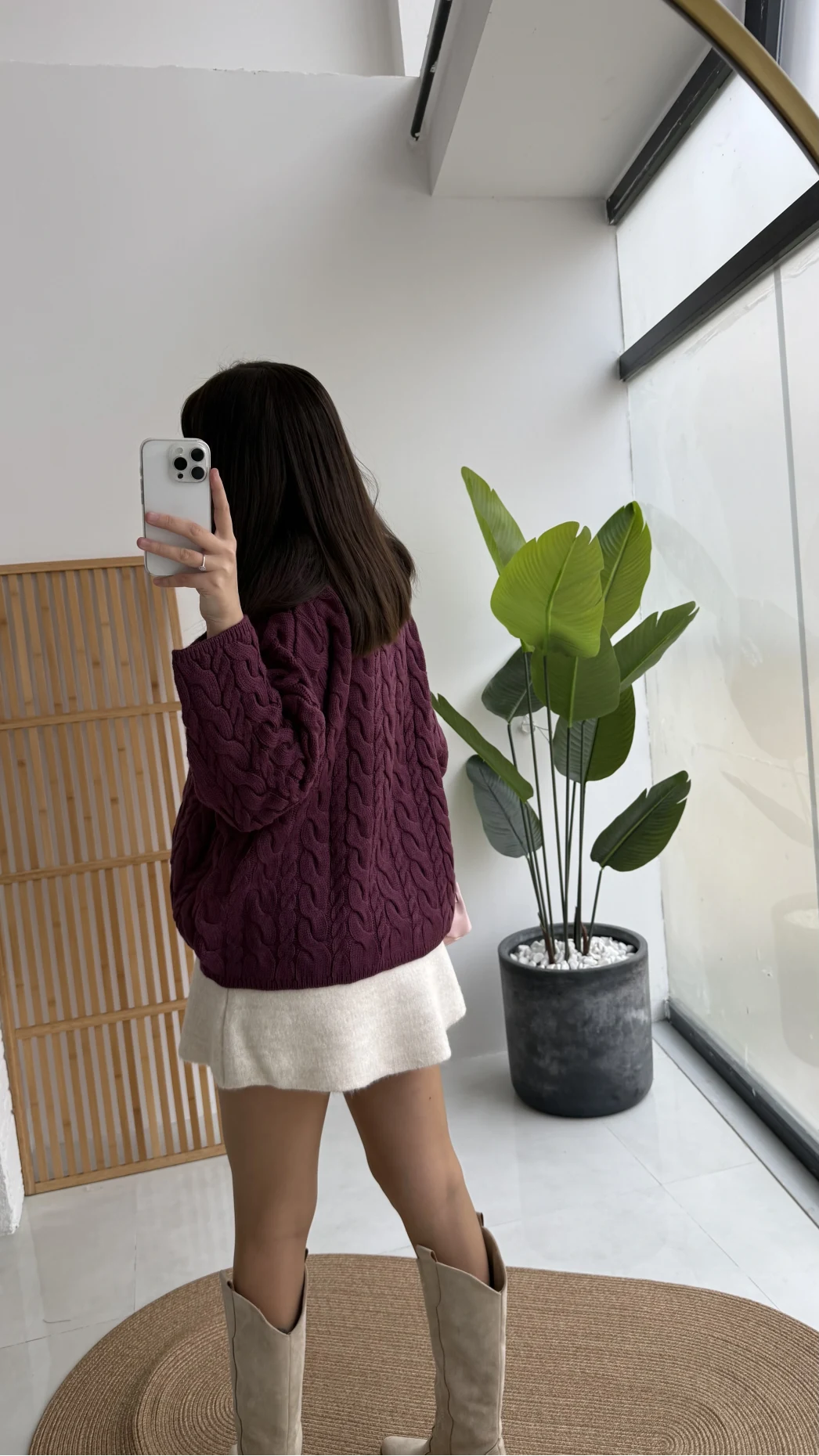 Örgülü Dik Yaka Fermuarlı Kazak - Cherry - Kod: 231078