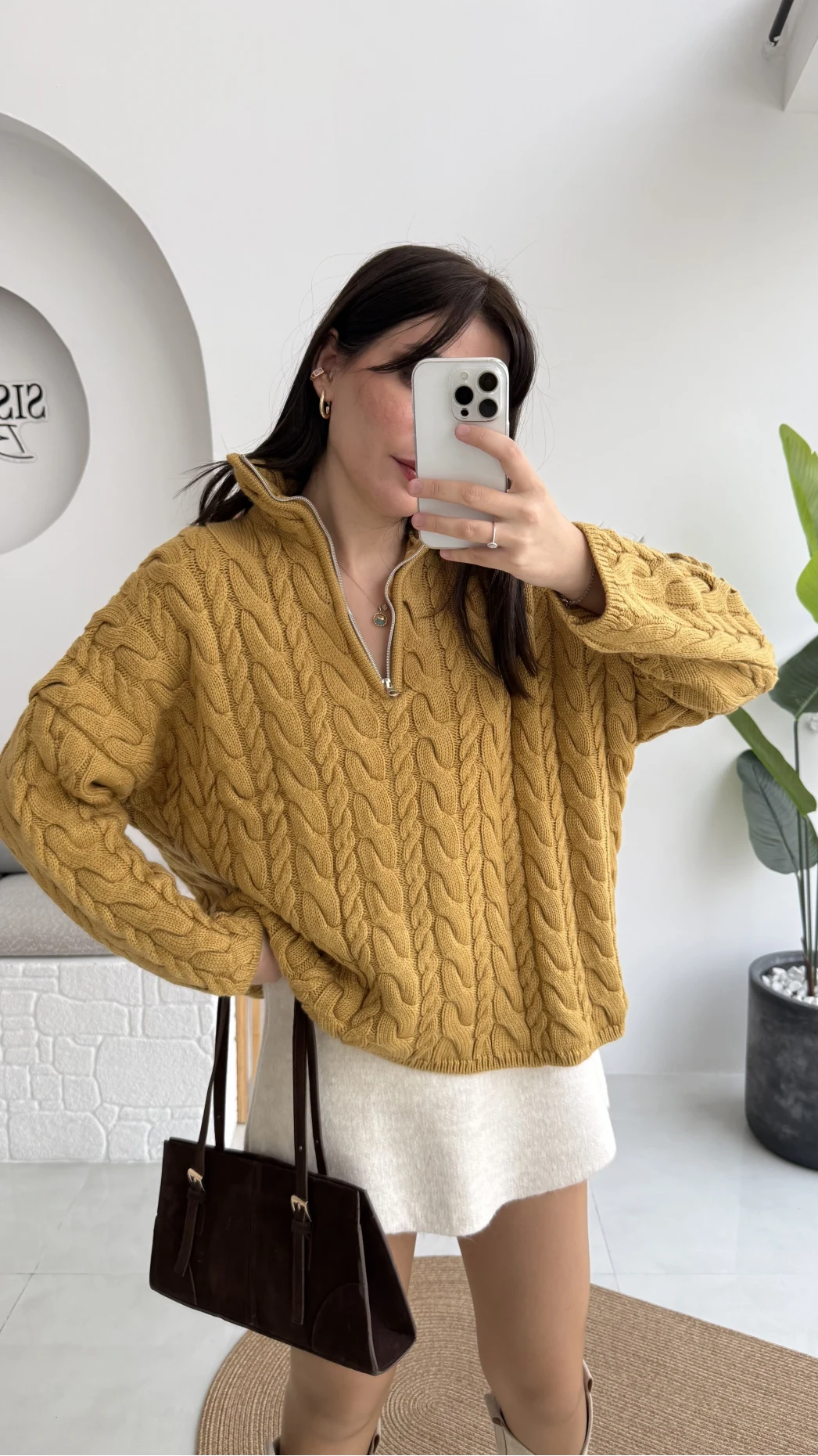 Örgülü Dik Yaka Fermuarlı Kazak - Hardal - Kod: 231078