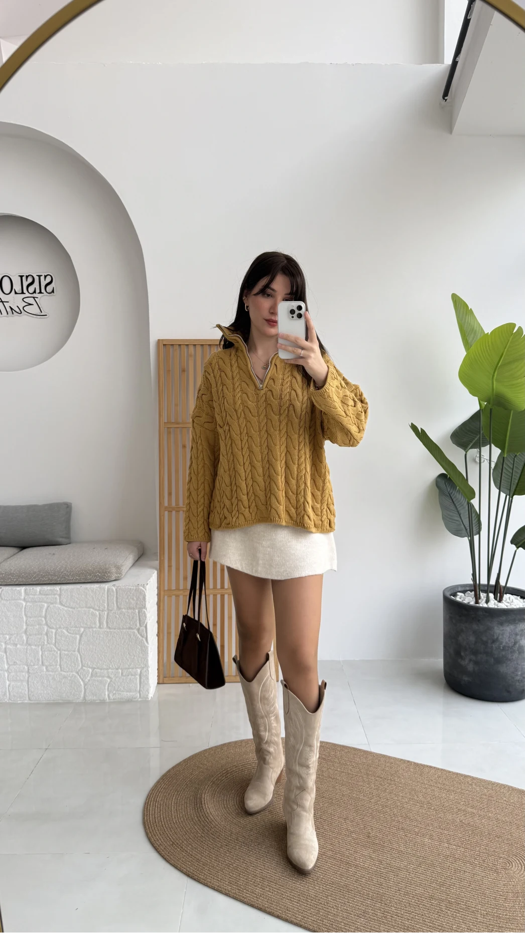 Örgülü Dik Yaka Fermuarlı Kazak - Hardal - Kod: 231078