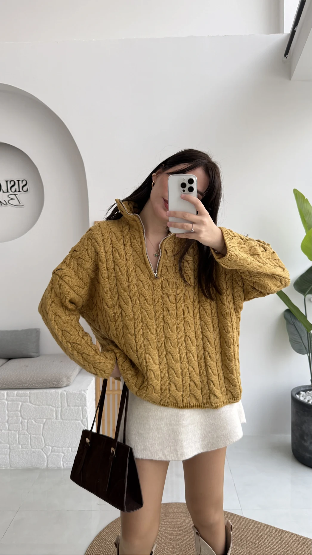 Örgülü Dik Yaka Fermuarlı Kazak - Hardal - Kod: 231078