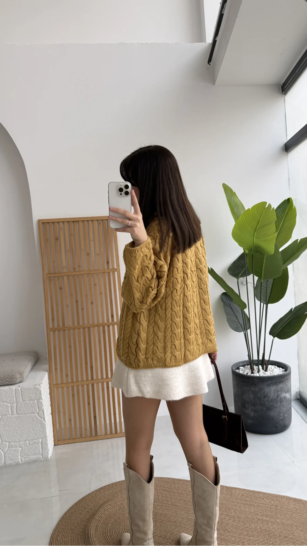 Örgülü Dik Yaka Fermuarlı Kazak - Hardal - Kod: 231078