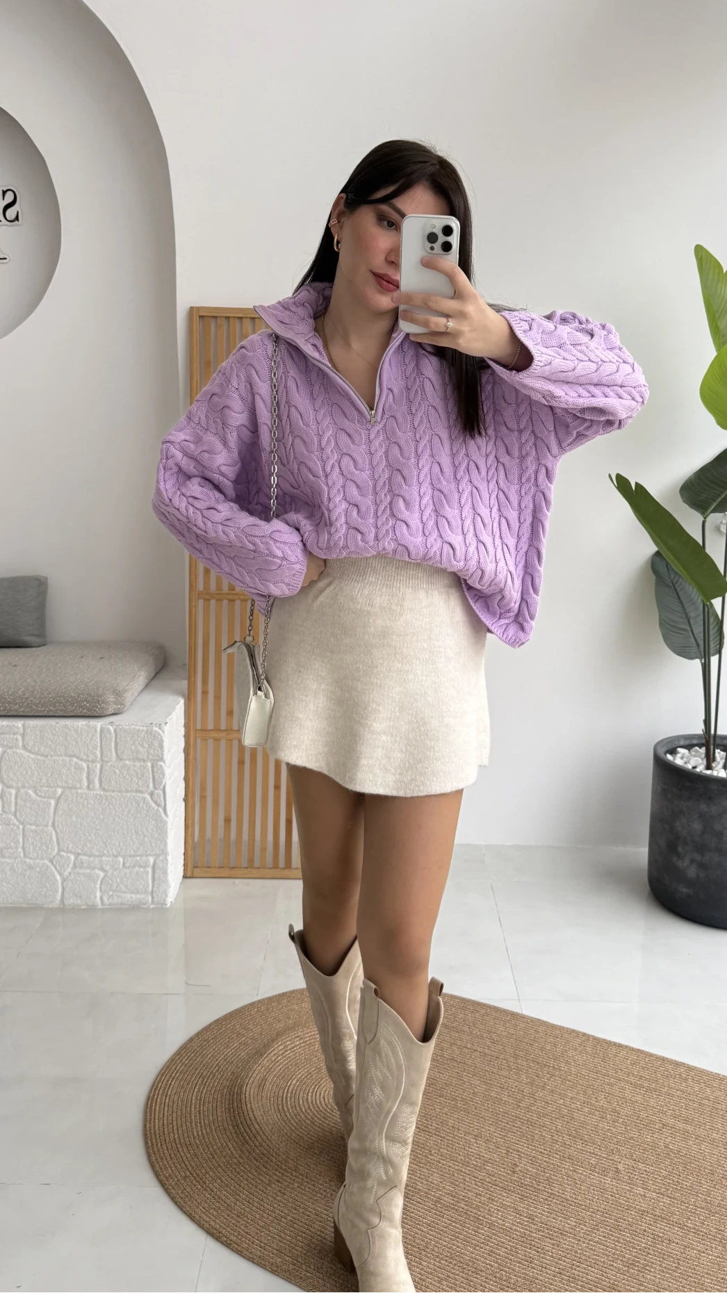 Örgülü Dik Yaka Fermuarlı Kazak - Lila - Kod: 231078