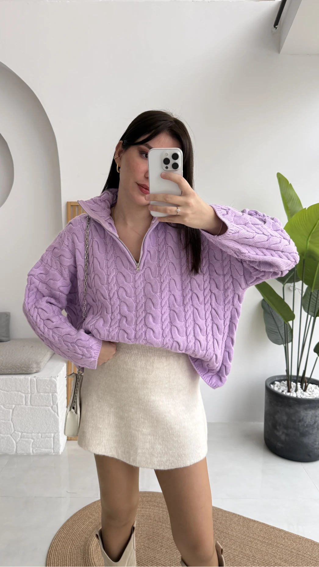 Örgülü Dik Yaka Fermuarlı Kazak - Lila - Kod: 231078