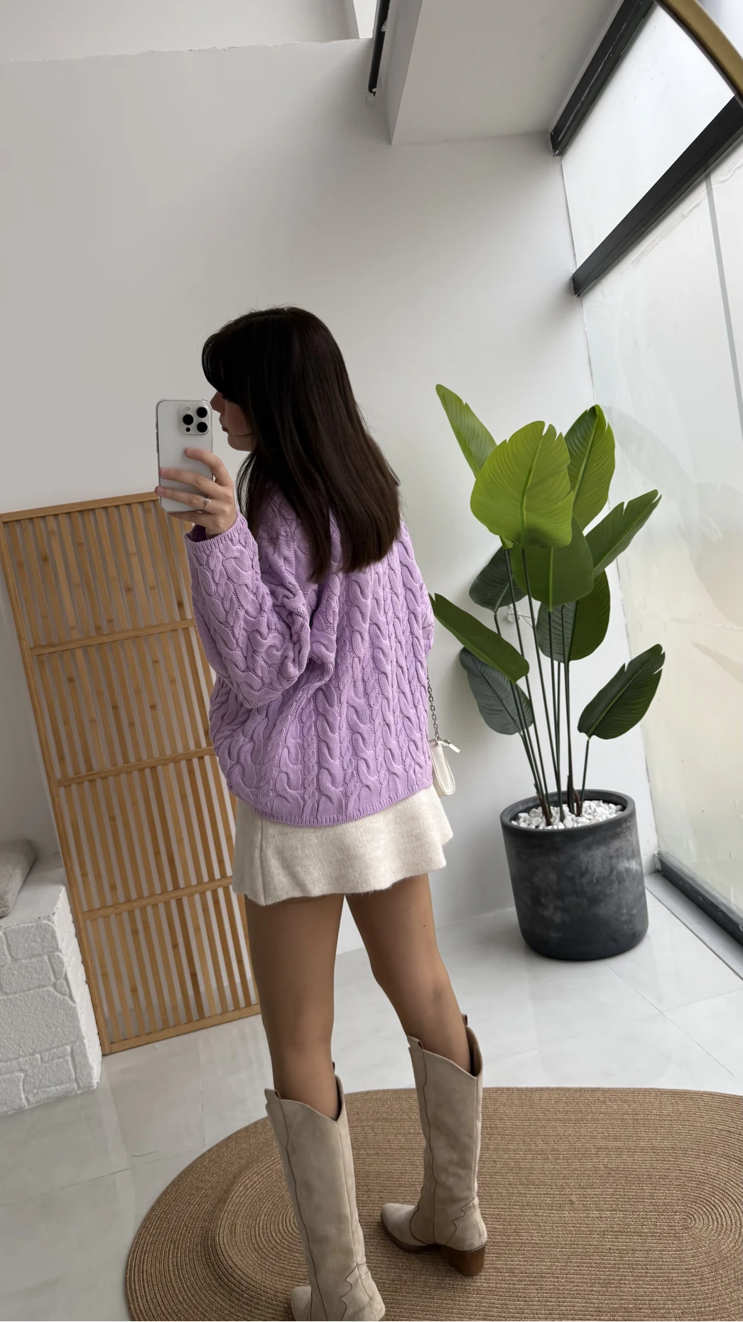 Örgülü Dik Yaka Fermuarlı Kazak - Lila - Kod: 231078