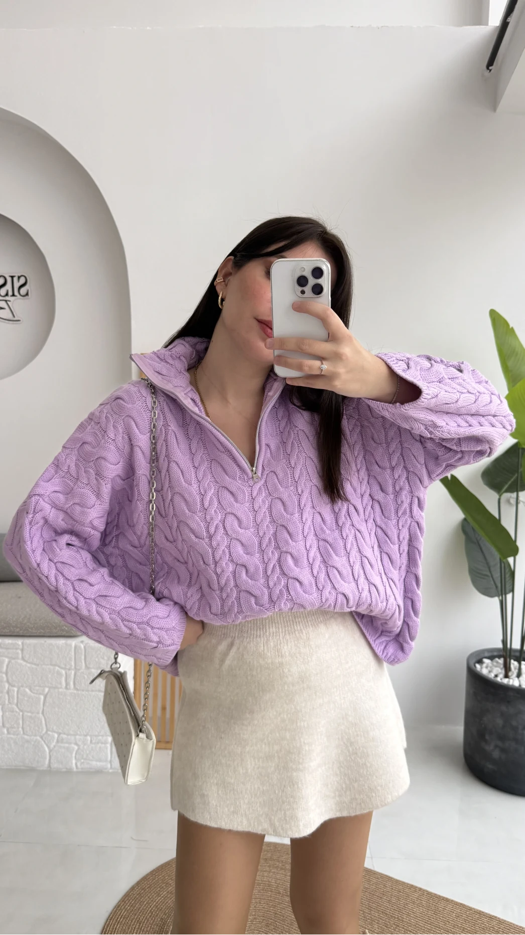 Örgülü Dik Yaka Fermuarlı Kazak - Lila - Kod: 231078