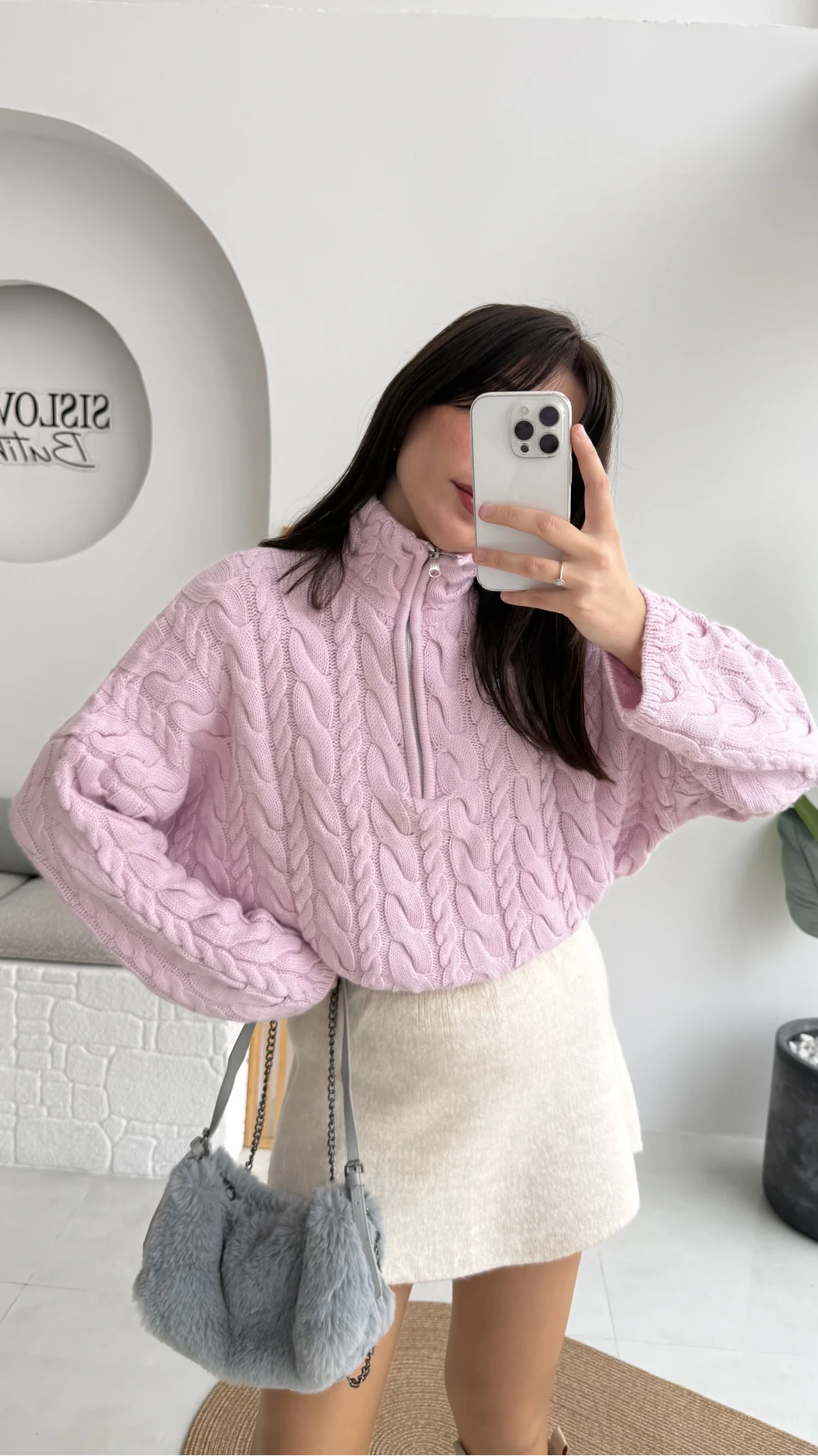 Örgülü Dik Yaka Fermuarlı Kazak - Pudra - Kod: 231078