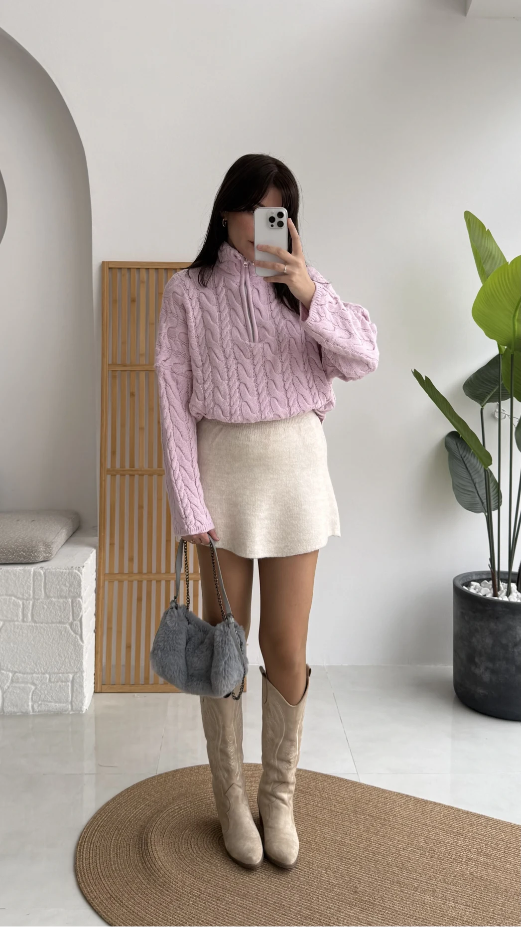 Örgülü Dik Yaka Fermuarlı Kazak - Pudra - Kod: 231078