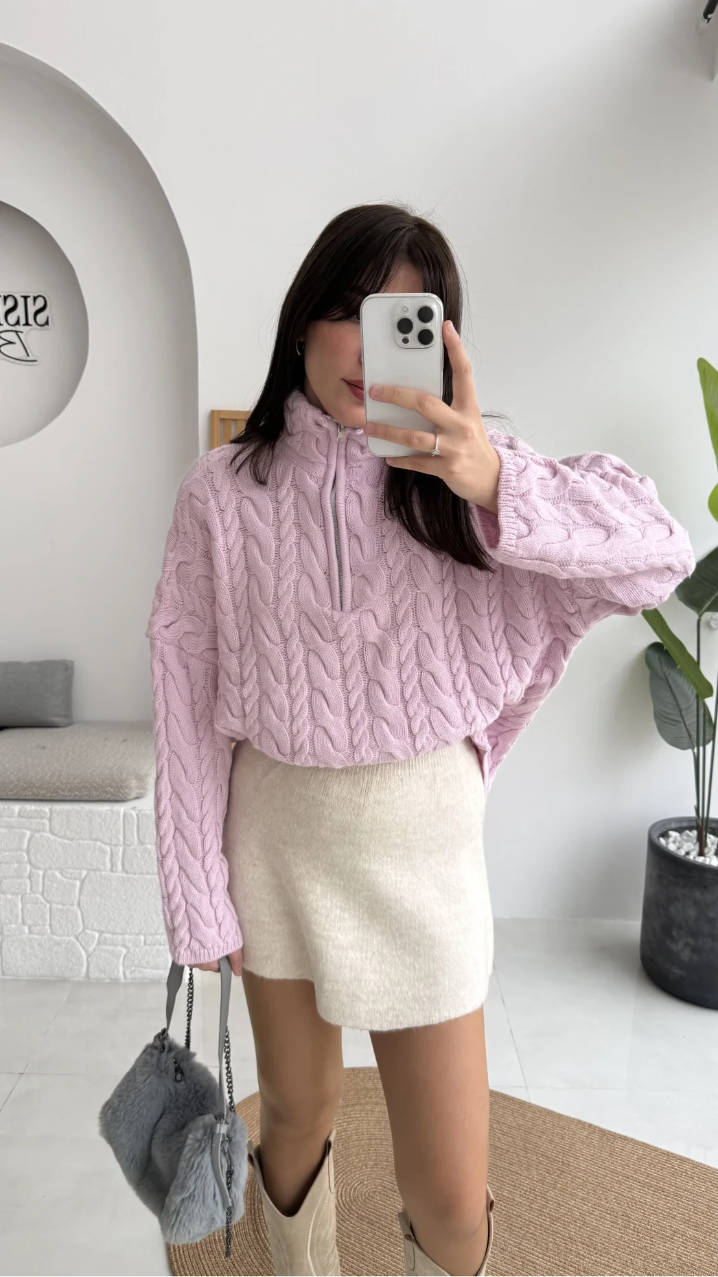 Örgülü Dik Yaka Fermuarlı Kazak - Pudra - Kod: 231078