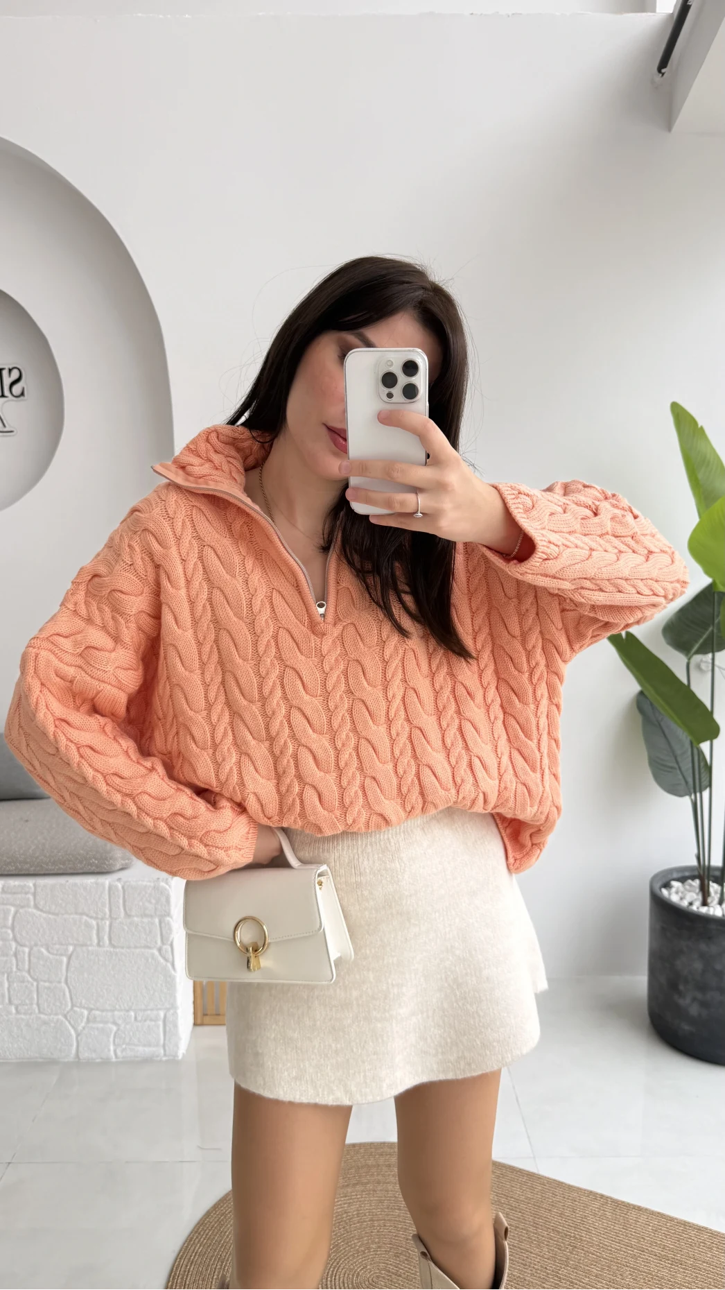 Örgülü Dik Yaka Fermuarlı Kazak - Yavruağzı - Kod: 231078