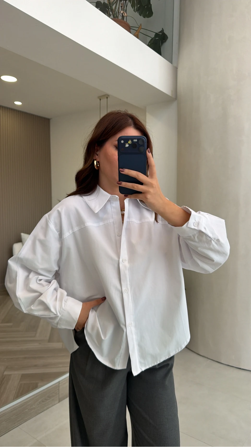 Oval Kesim Oversize Gömlek - Beyaz - Kod: 3313