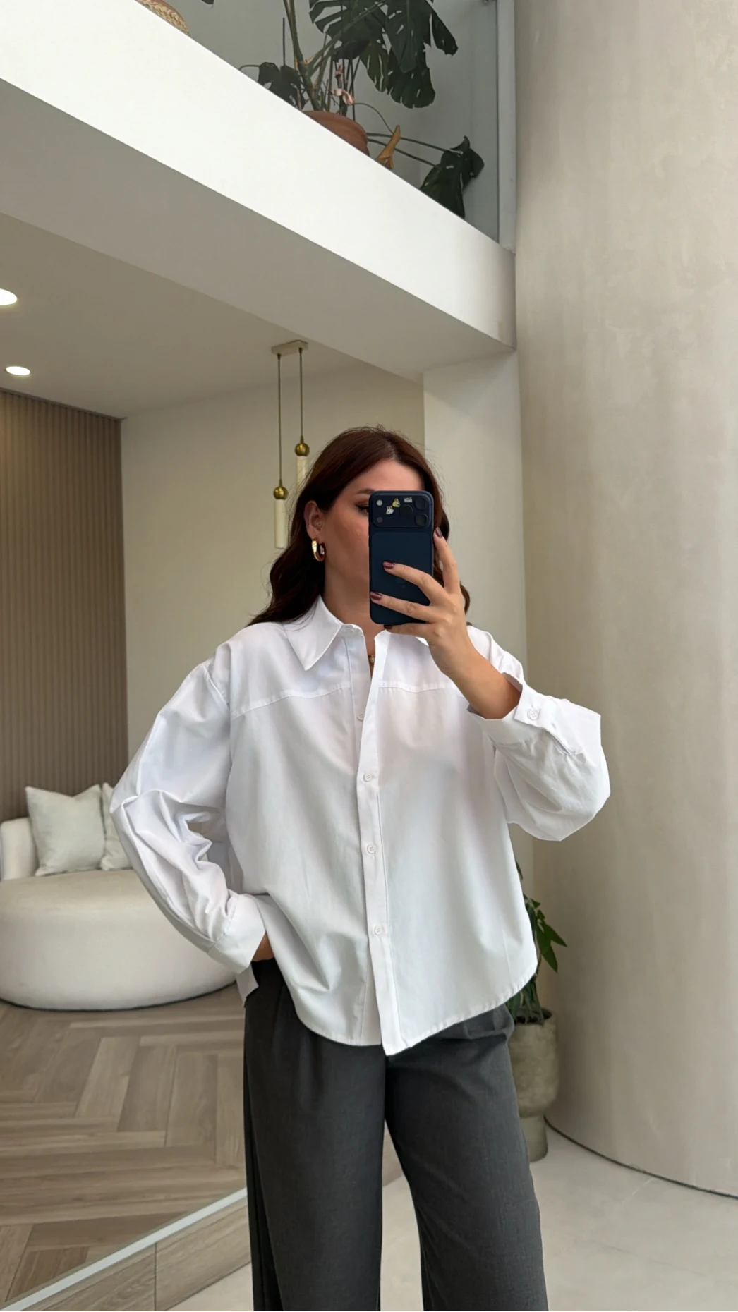 Oval Kesim Oversize Gömlek - Beyaz - Kod: 3313