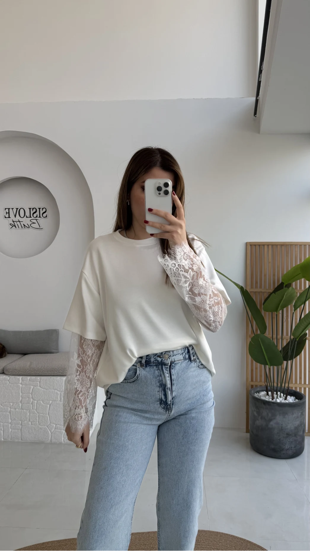 Oversize Bilek Detay Dantel Kol T-shirt - Ekru