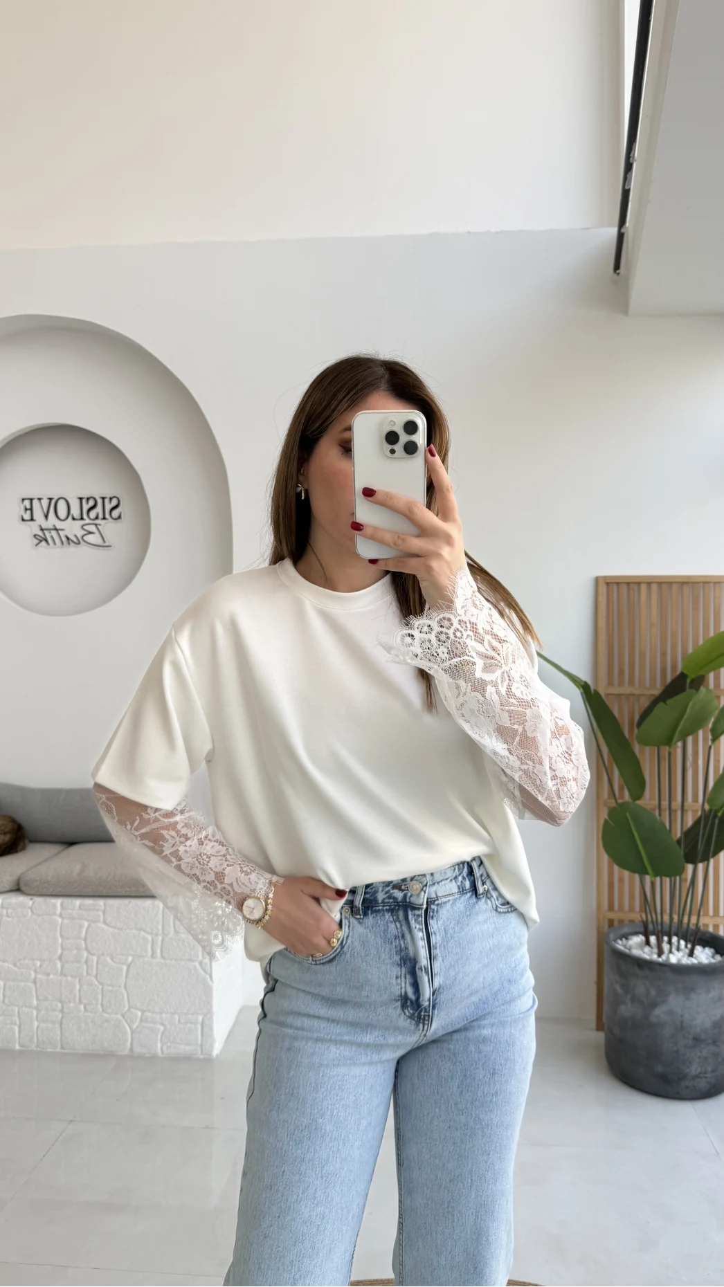 Oversize Bilek Detay Dantel Kol T-shirt - Ekru