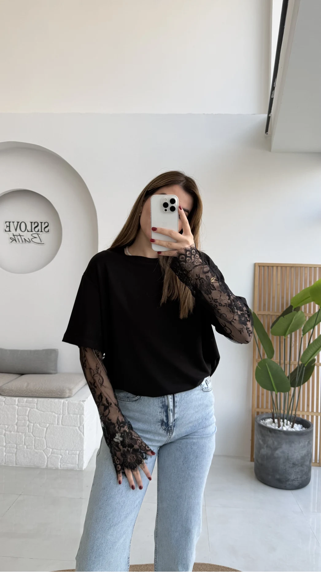 Oversize Bilek Detay Dantel Kol T-shirt - Siyah