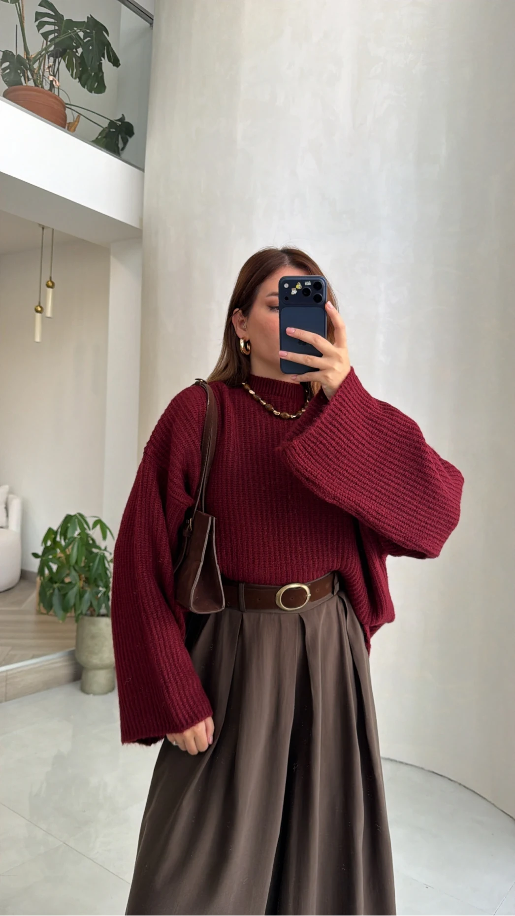 Oversize Bol Kol Triko Kazak - Bordo