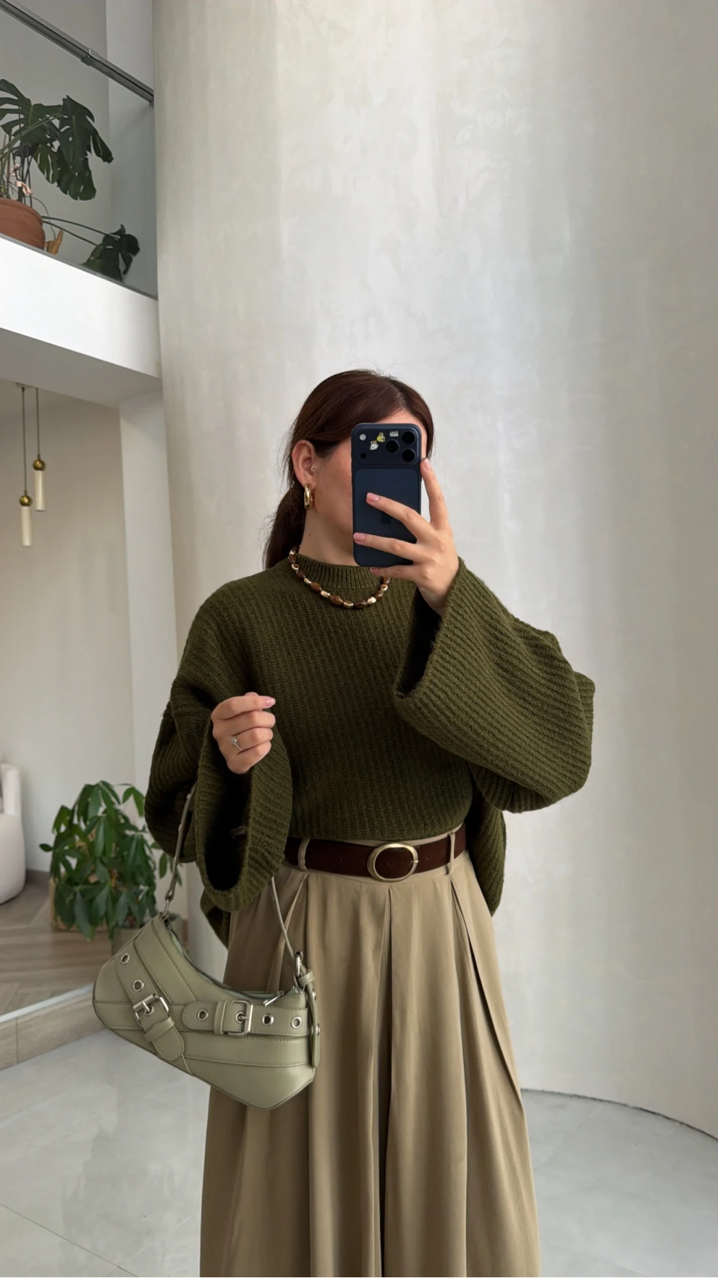 Oversize Bol Kol Triko Kazak - Haki