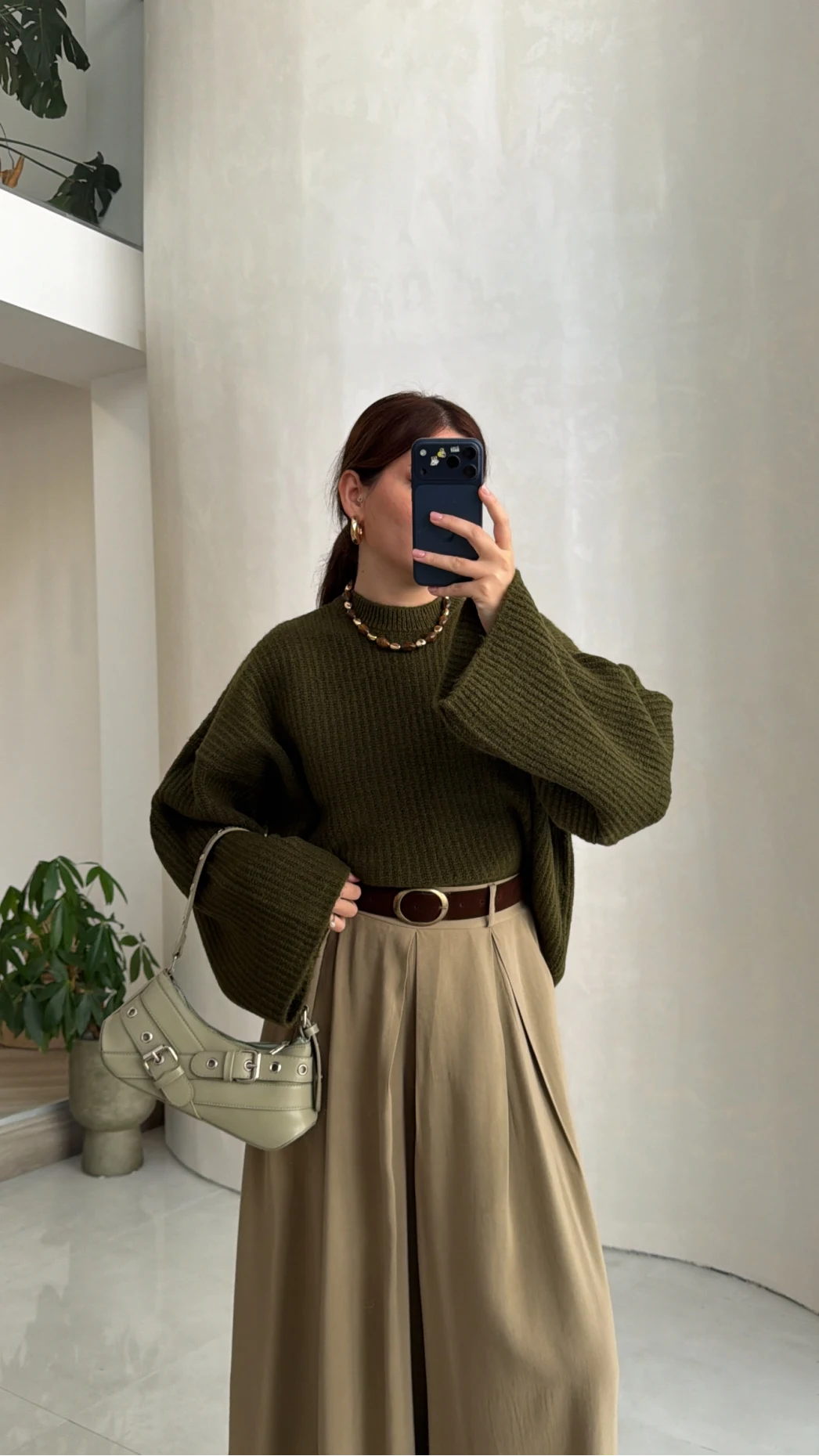 Oversize Bol Kol Triko Kazak - Haki