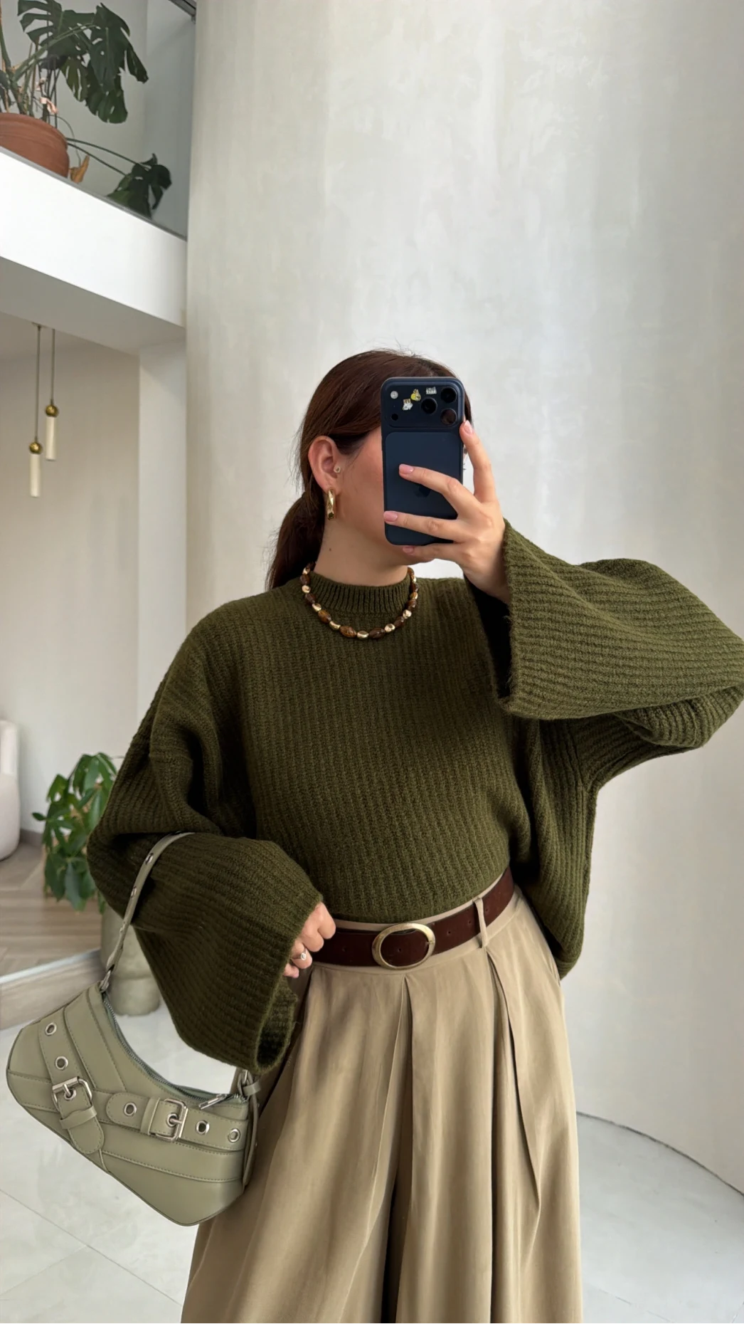 Oversize Bol Kol Triko Kazak - Haki