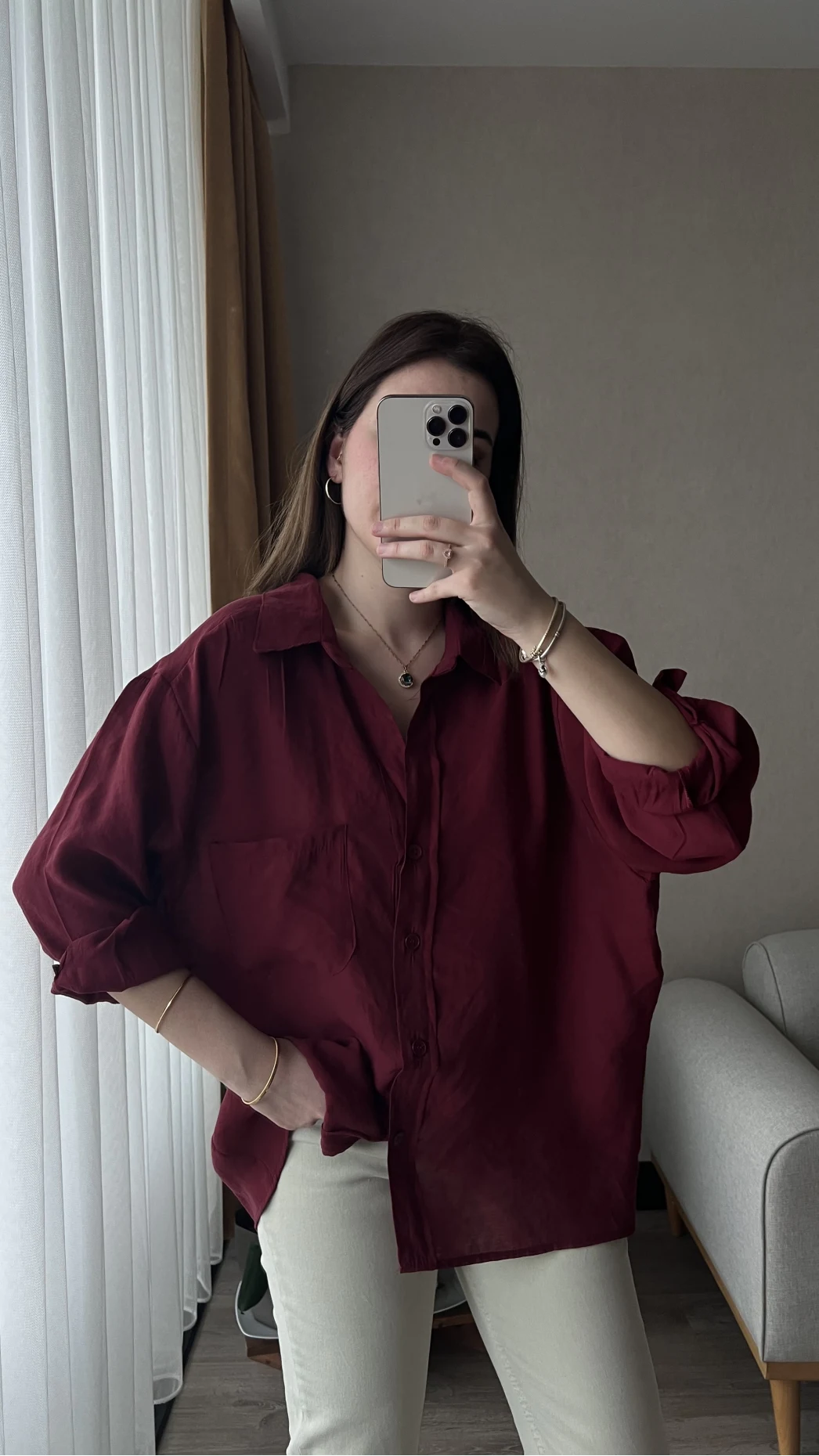 Bordo Oversize Tensel Gömlek Kod: 4612