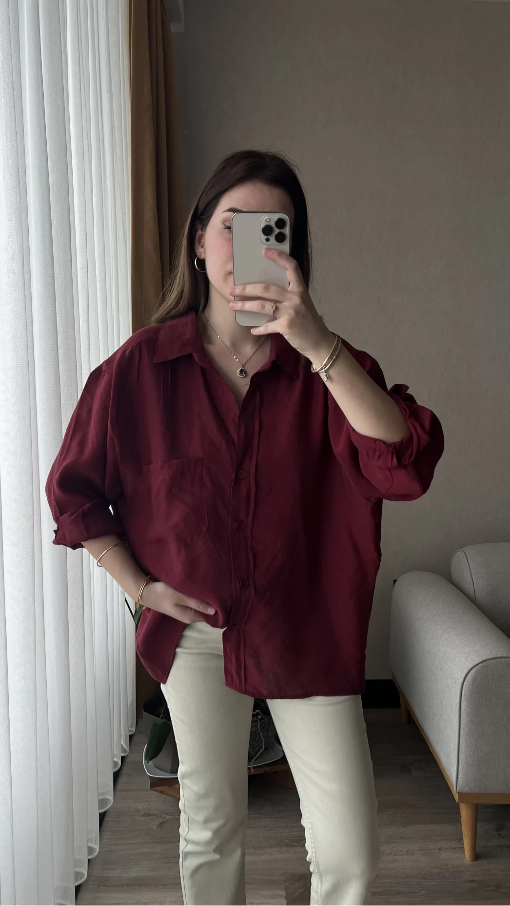 Bordo Oversize Tensel Gömlek Kod: 4612