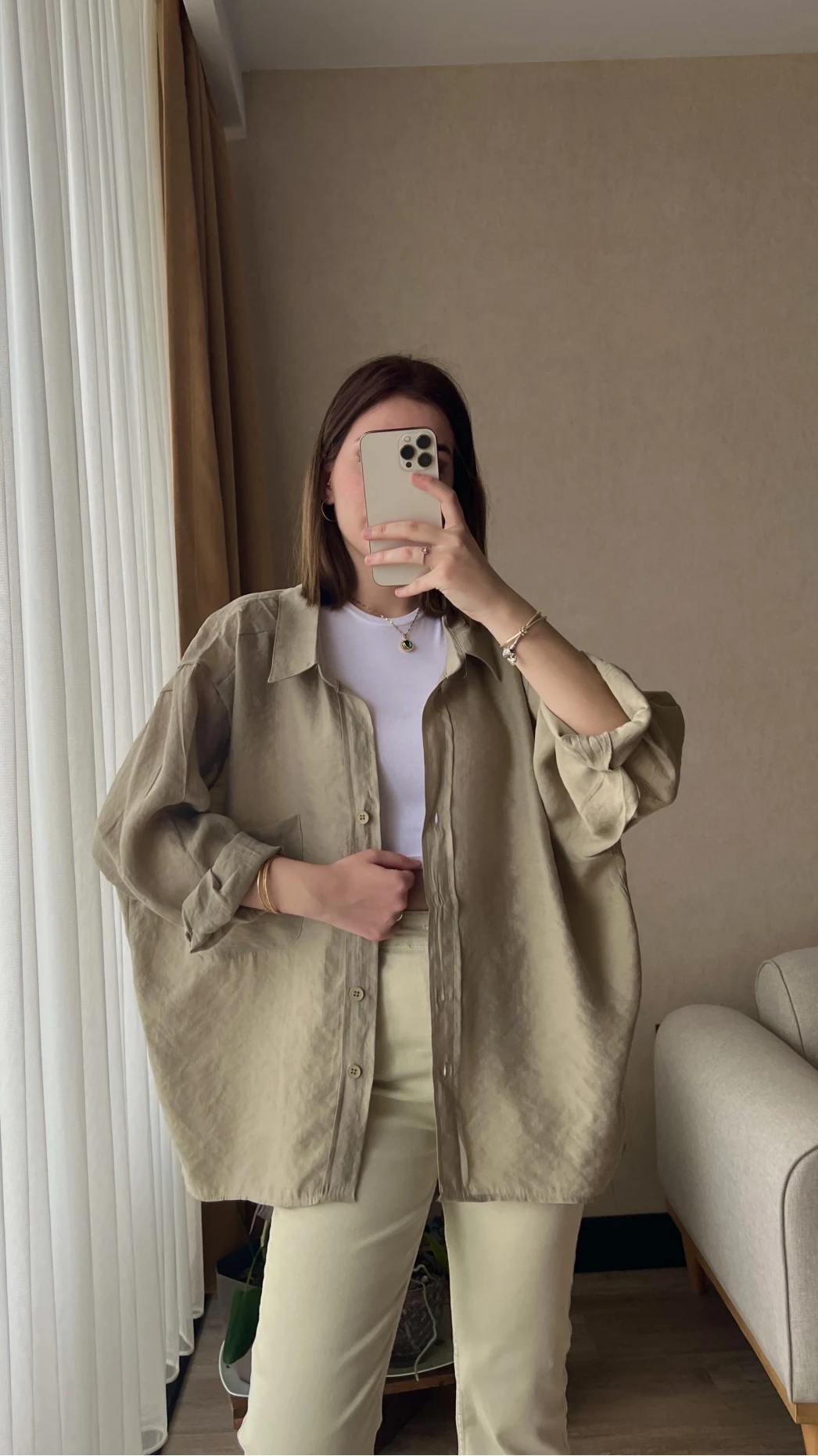 Haki Tonları Oversize Tensel Gömlek Kod: 4612