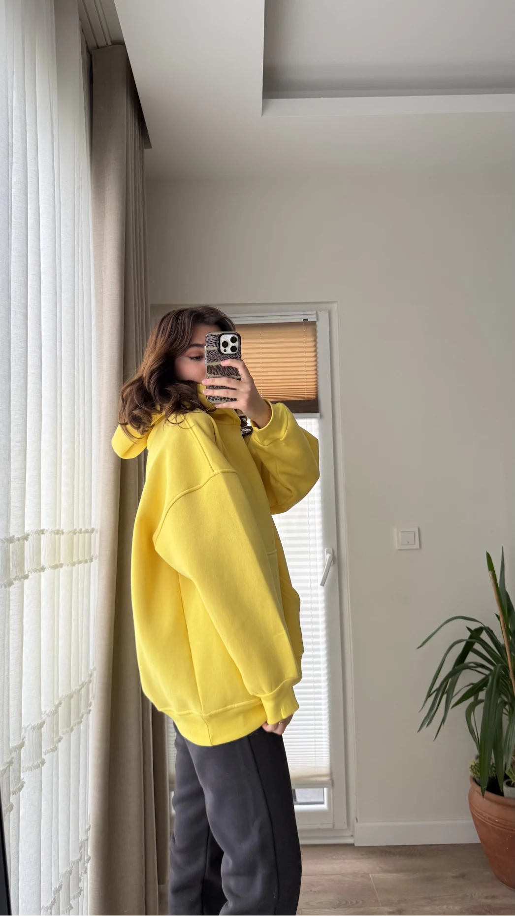 Oversize Kapüşonlu 3 İplik Şardonlu Sweatshirt Sarı