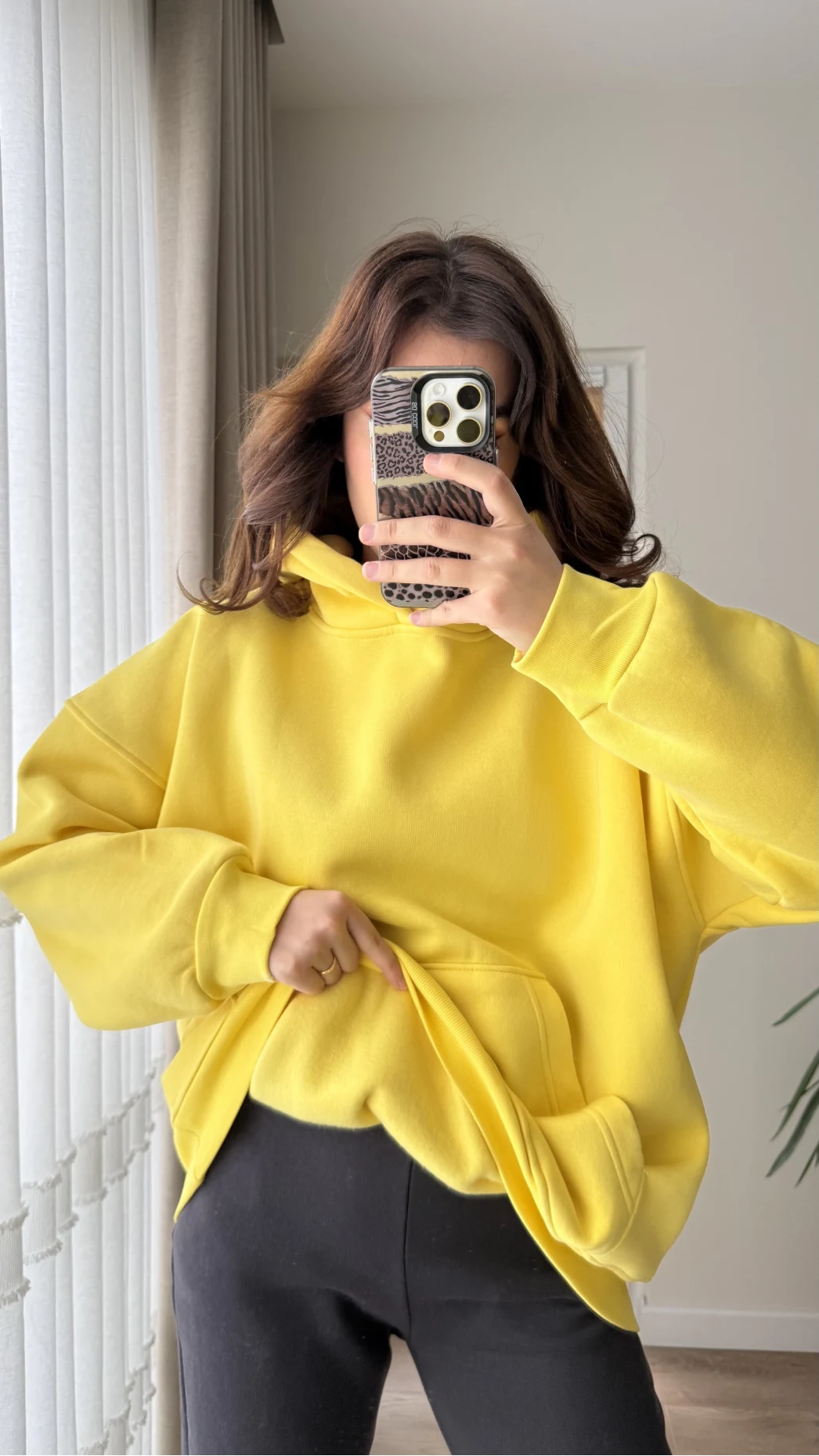 Oversize Kapüşonlu 3 İplik Şardonlu Sweatshirt Sarı