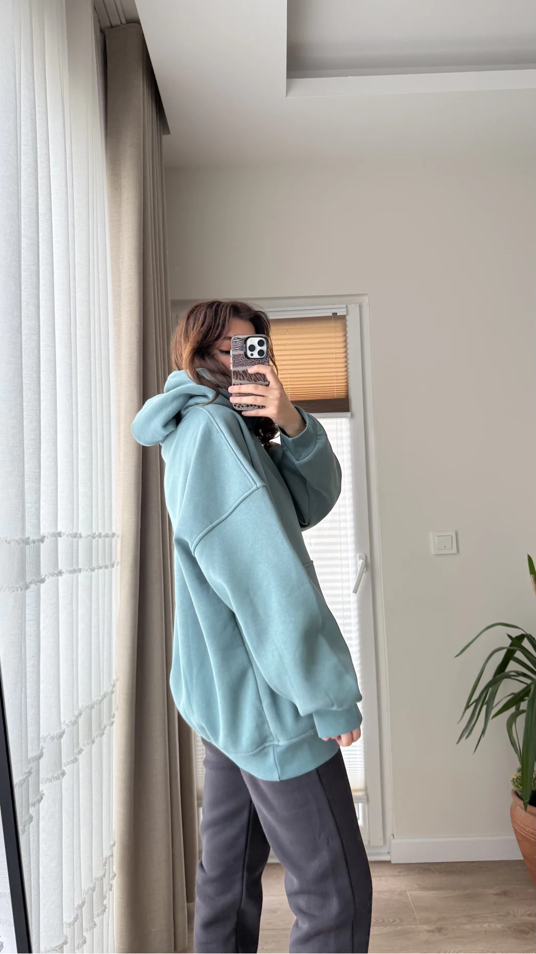 Oversize Kapüşonlu 3 İplik Şardonlu Sweatshirt Turkuaz