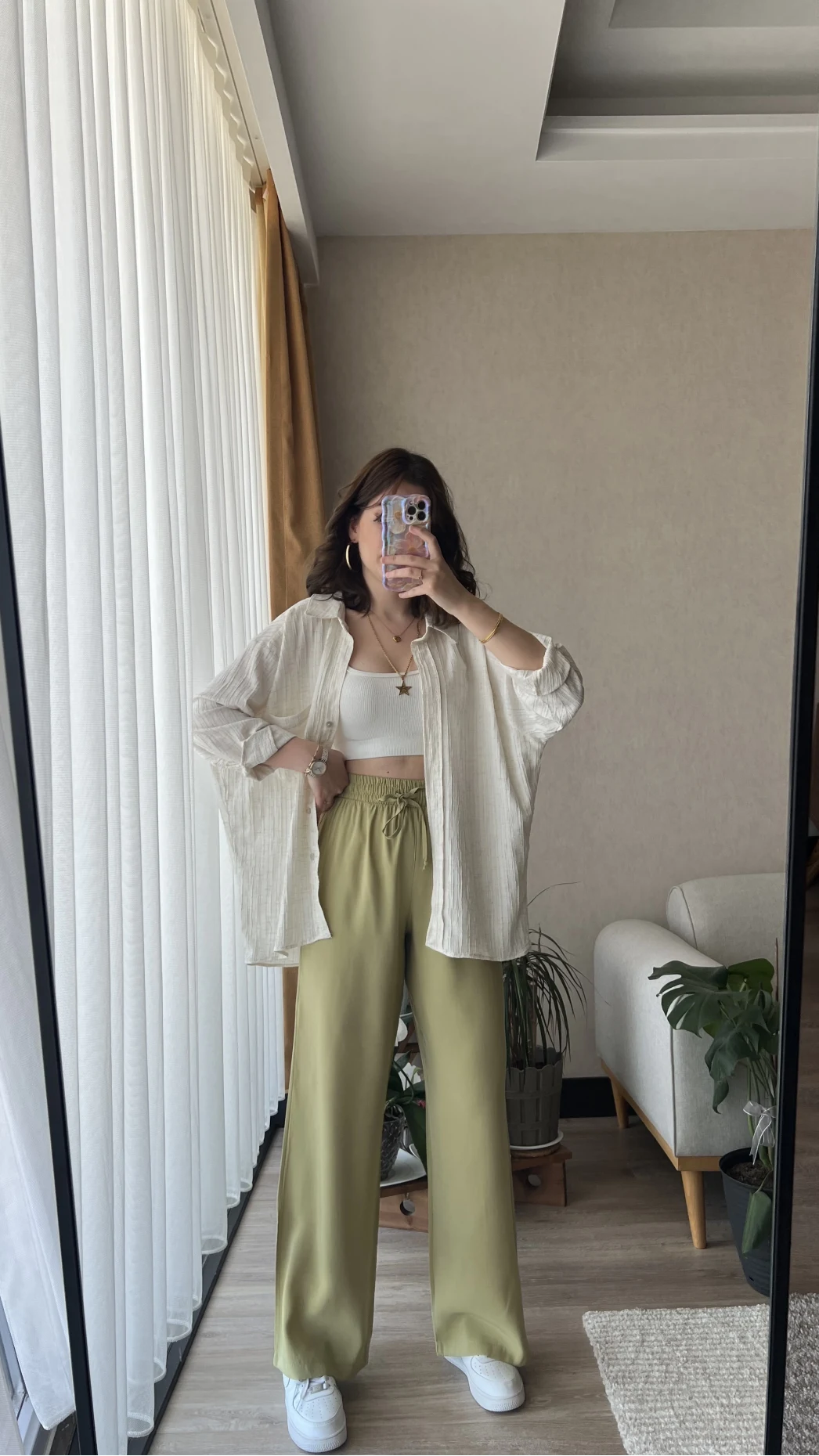 Oversize Krem Gofre Kumaş Gömlek