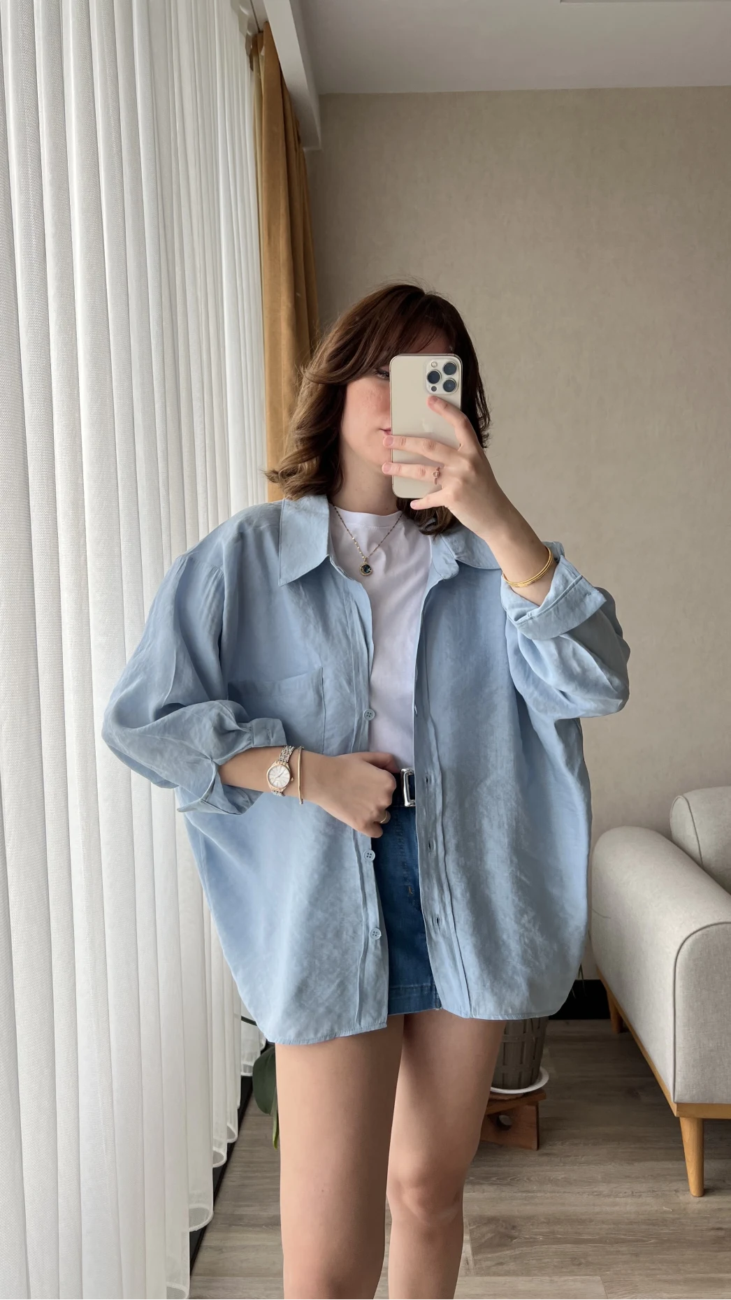 Mavi Oversize Tensel Gömlek Kod: 4612