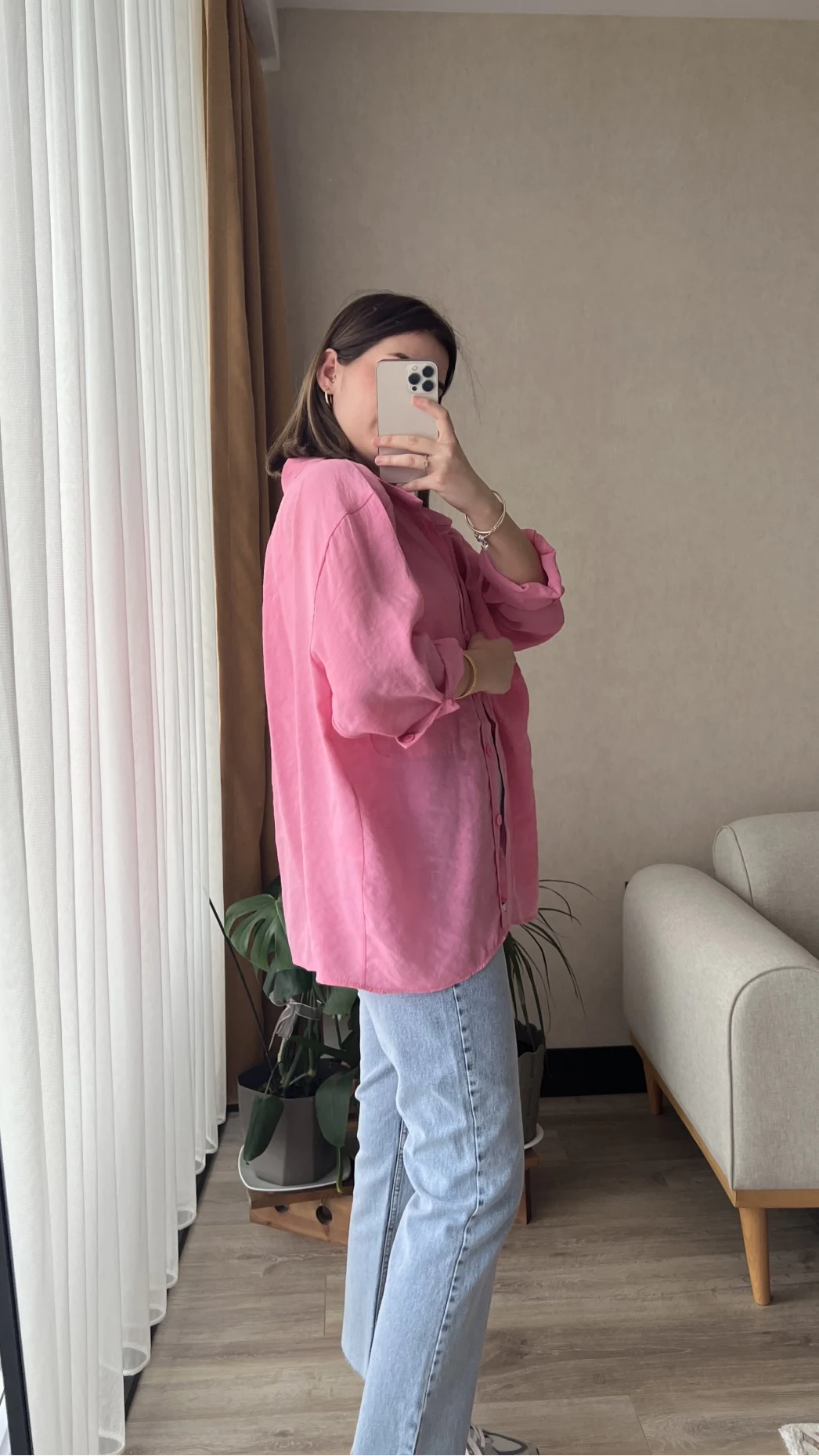 Pembe Oversize Tensel Gömlek Kod: 4612
