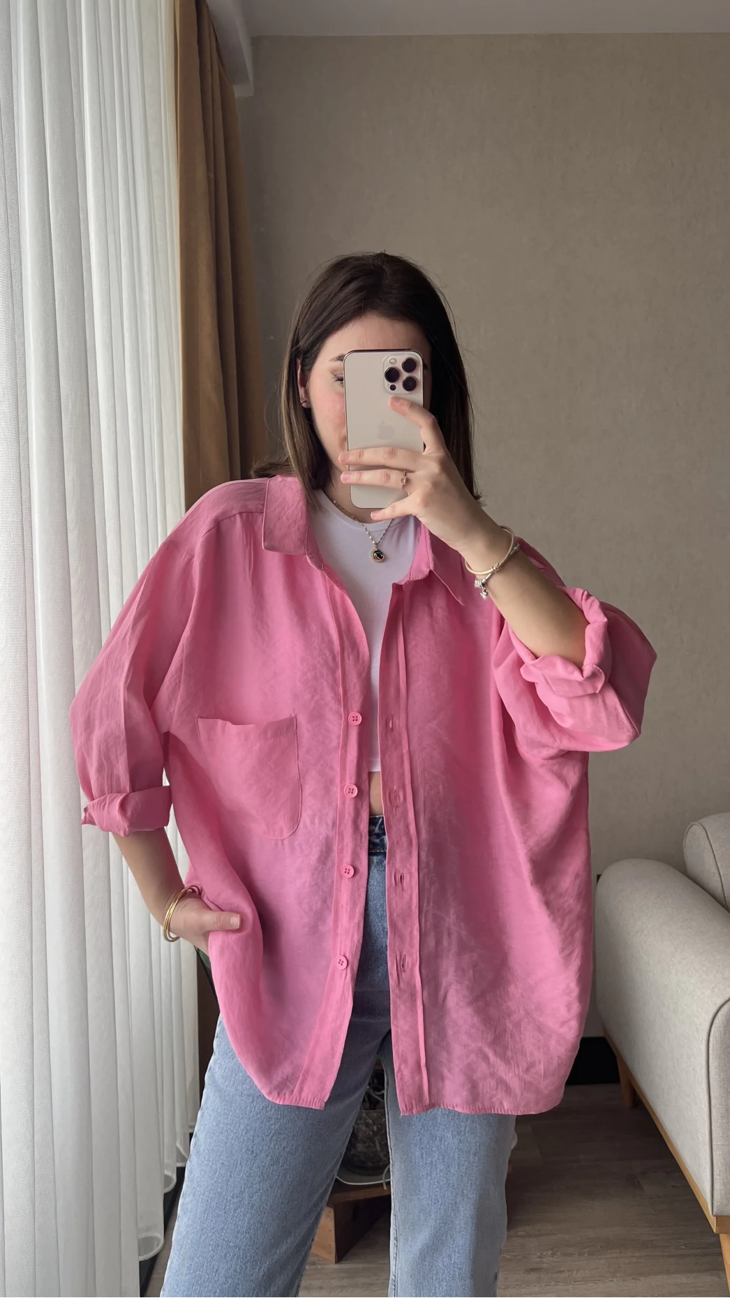 Pembe Oversize Tensel Gömlek Kod: 4612