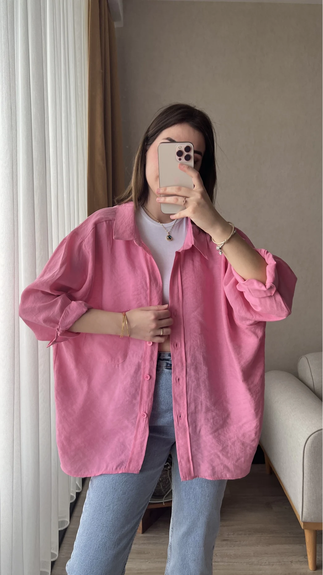 Pembe Oversize Tensel Gömlek Kod: 4612
