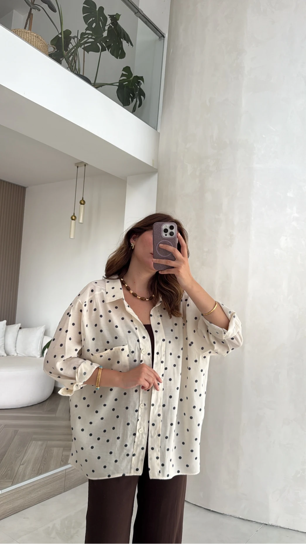 Oversize Puantiye Desenli Gömlek - Krem - Kod: 5092