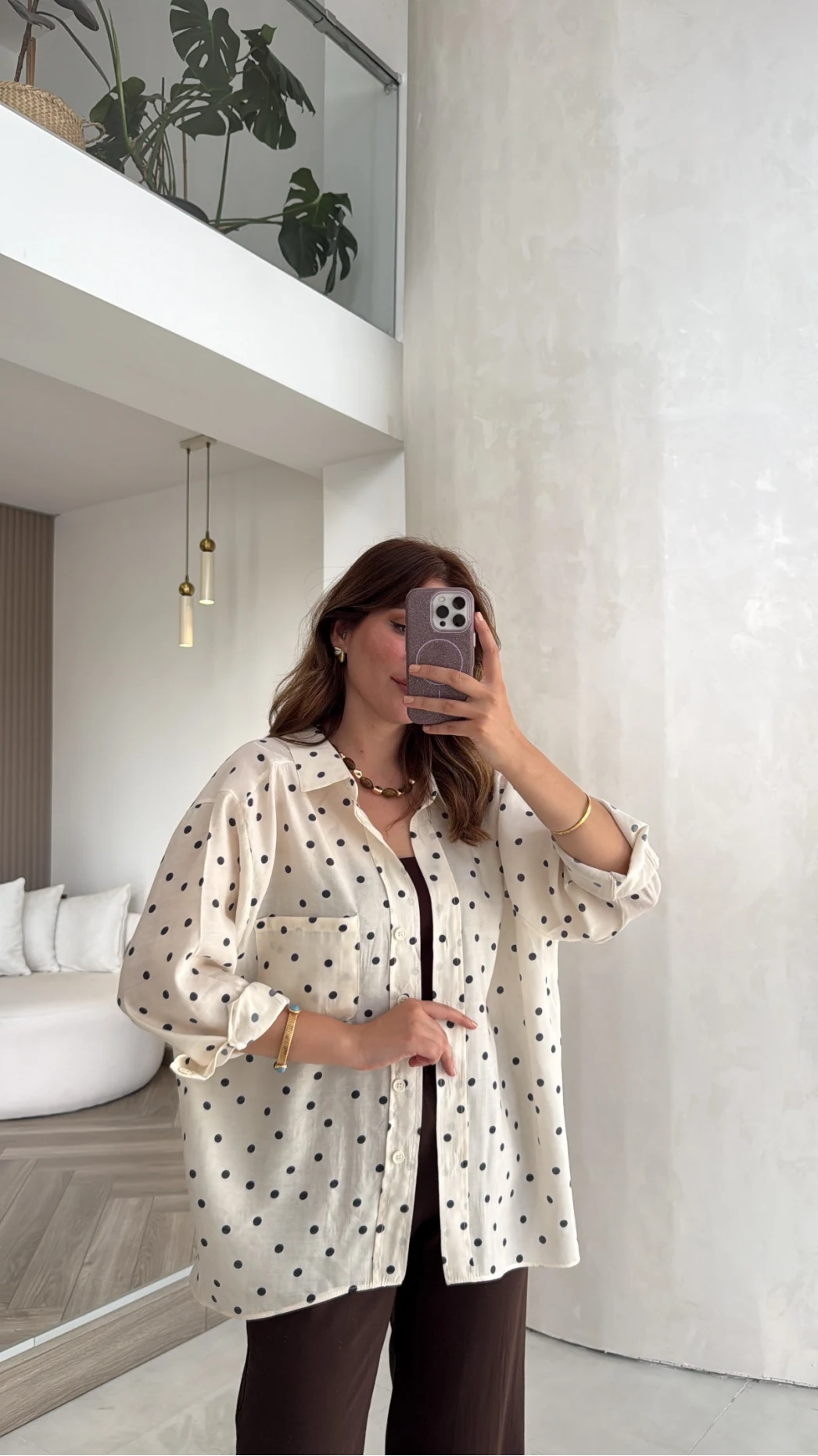 Oversize Puantiye Desenli Gömlek - Krem - Kod: 5092