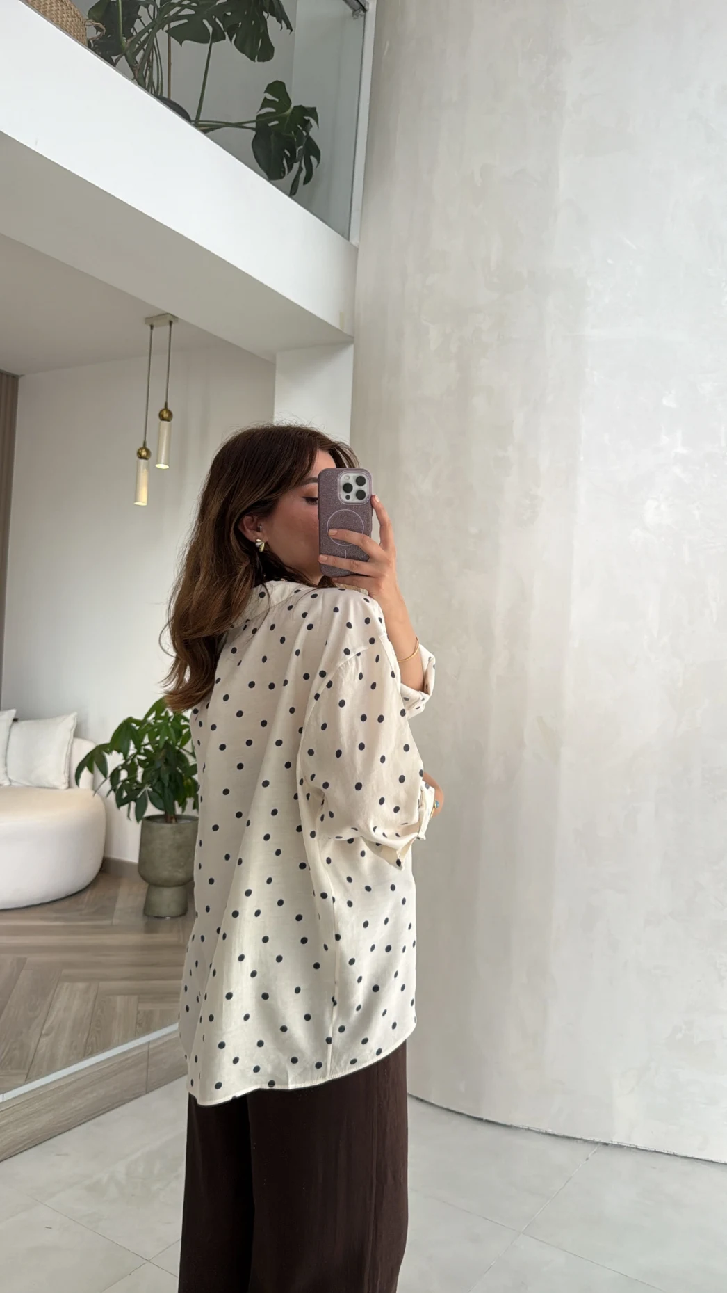 Oversize Puantiye Desenli Gömlek - Krem - Kod: 5092