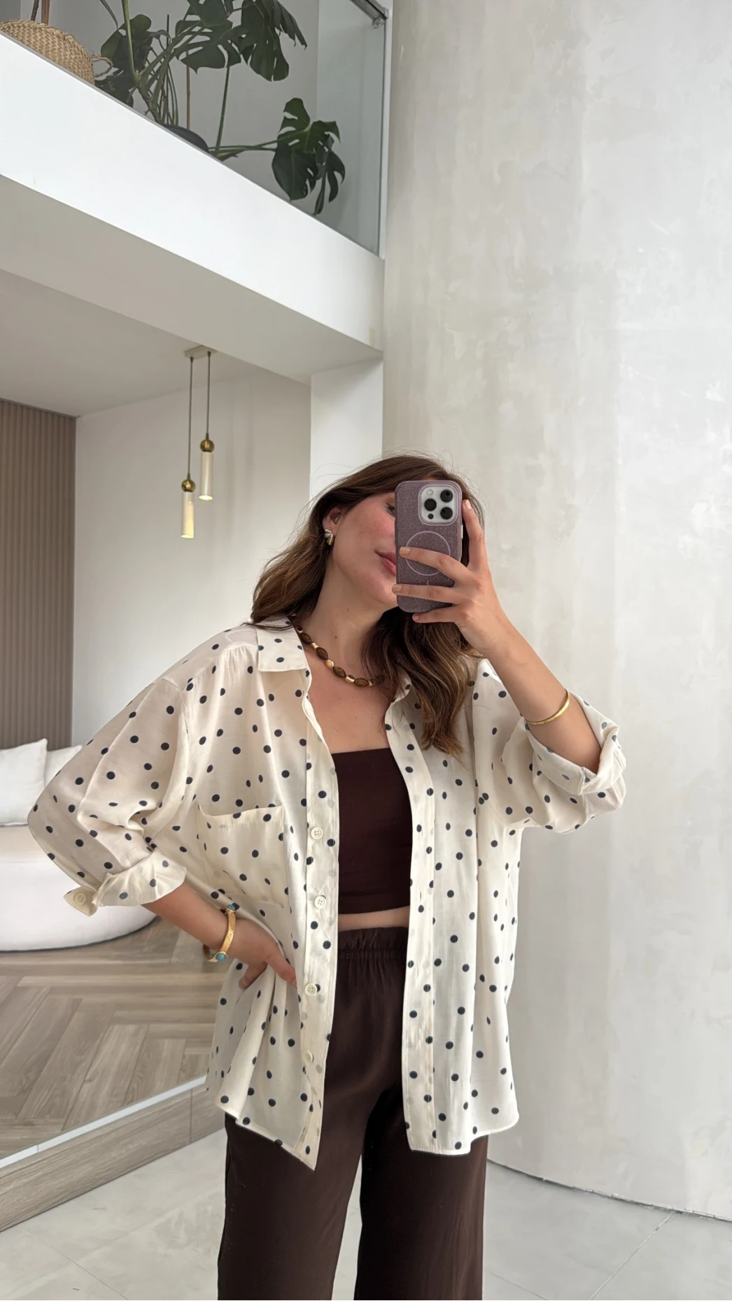 Oversize Puantiye Desenli Gömlek - Krem - Kod: 5092