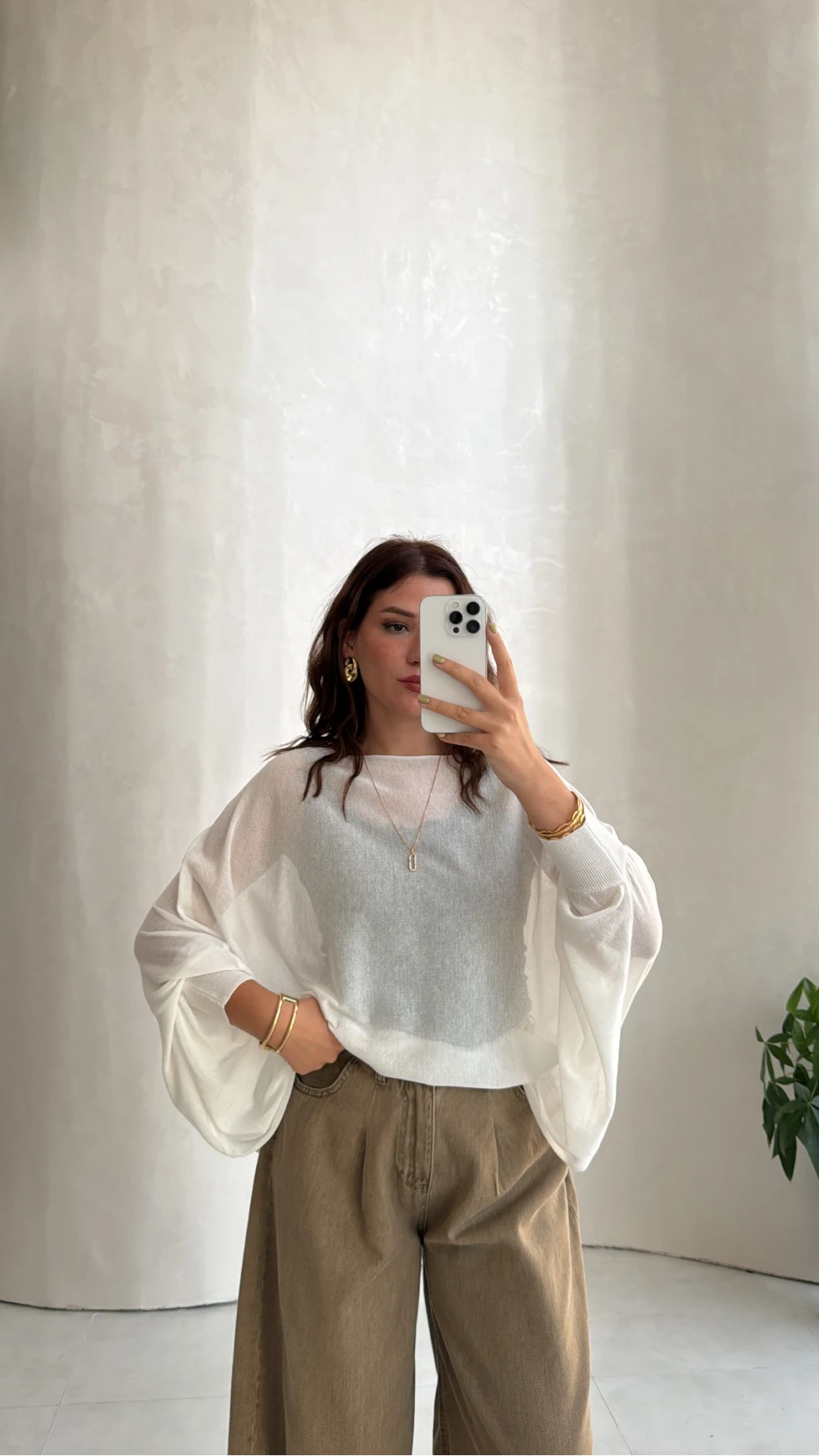 Oversize Transparan Pelerin Bluz - Beyaz - Kod: 2833