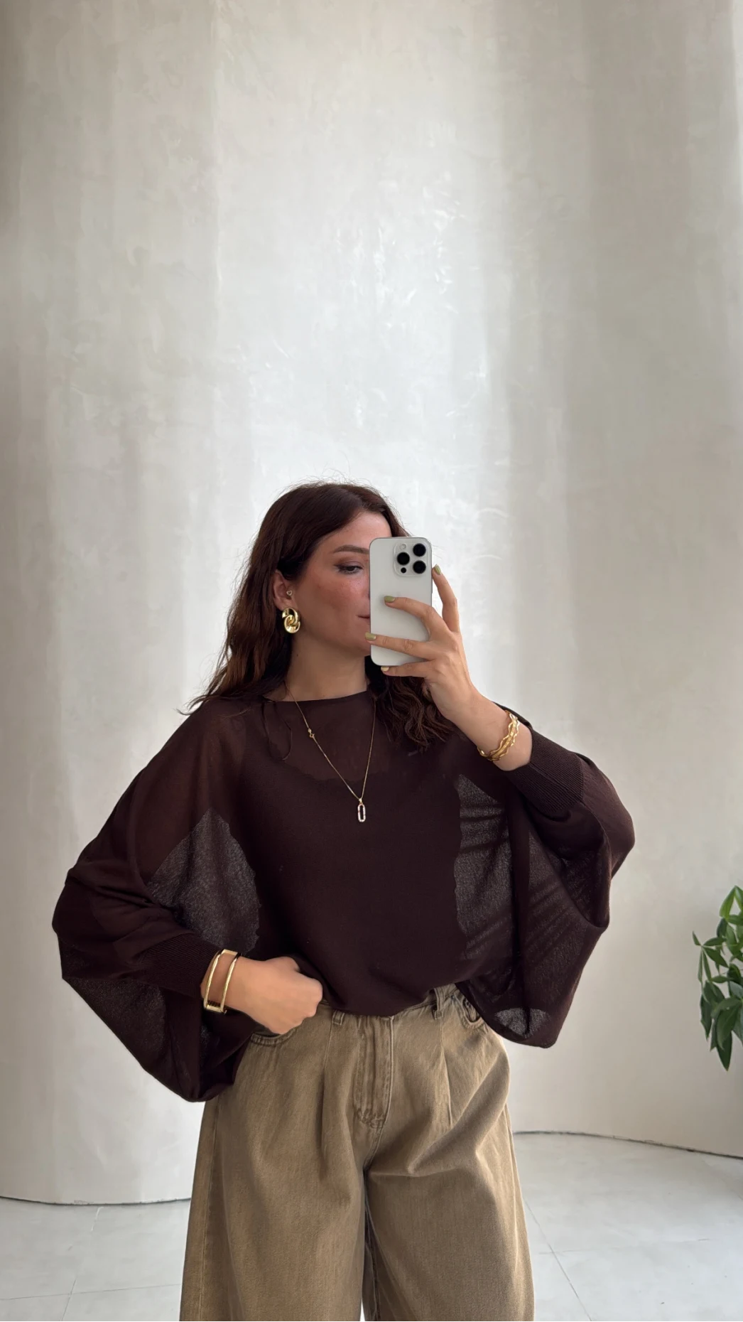 Oversize Transparan Pelerin Bluz - Kahve - Kod: 2833