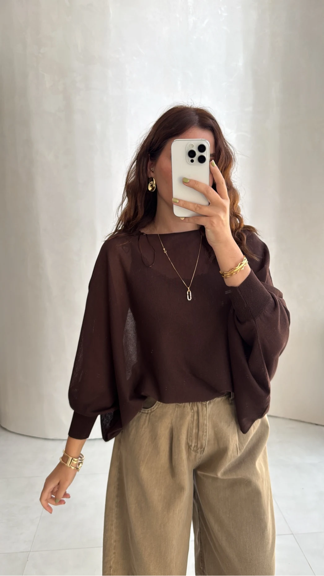 Oversize Transparan Pelerin Bluz - Kahve - Kod: 2833