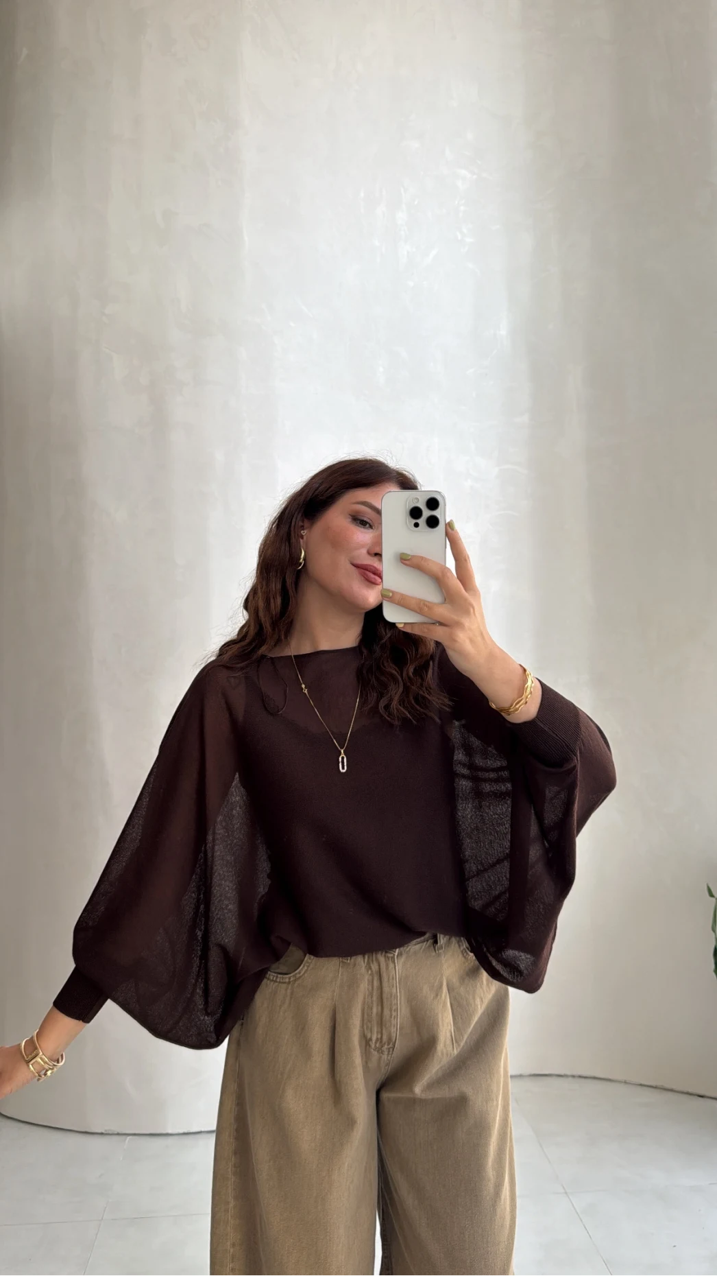 Oversize Transparan Pelerin Bluz - Kahve - Kod: 2833