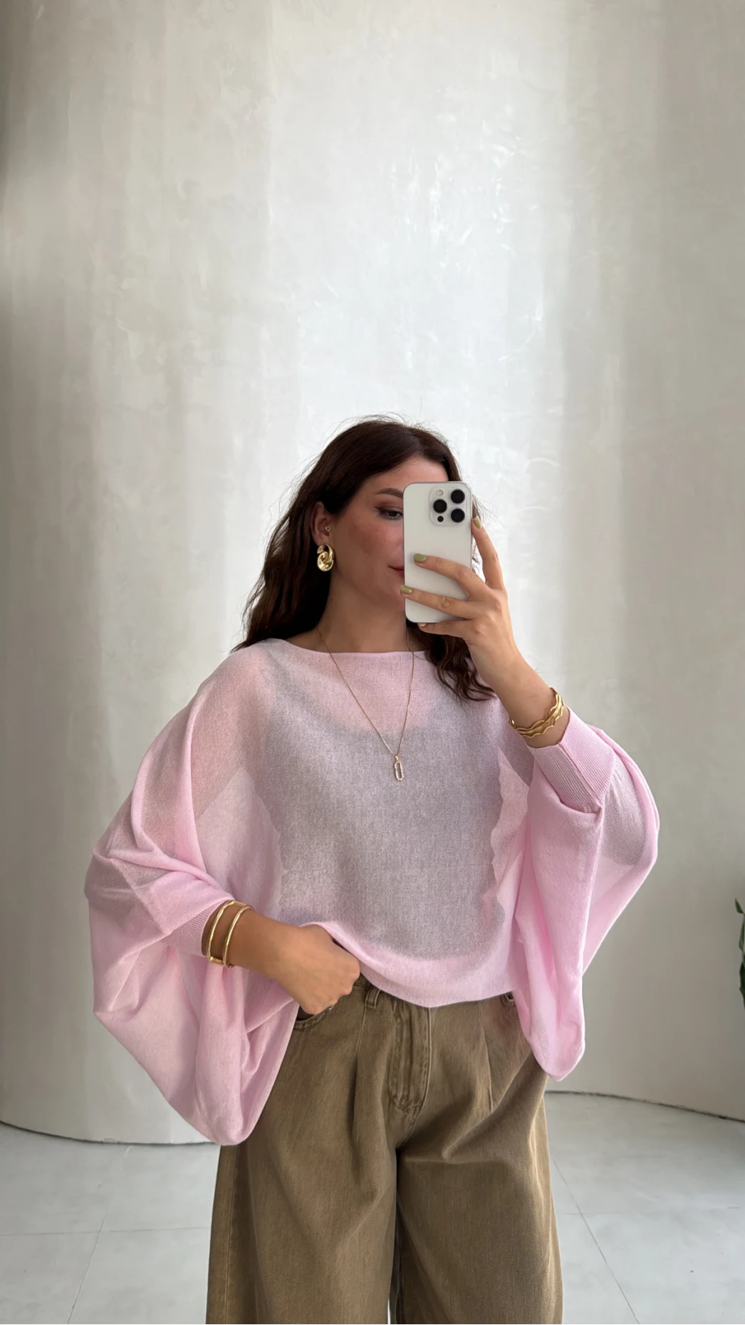 Oversize Transparan Pelerin Bluz - Pembe - Kod: 2833