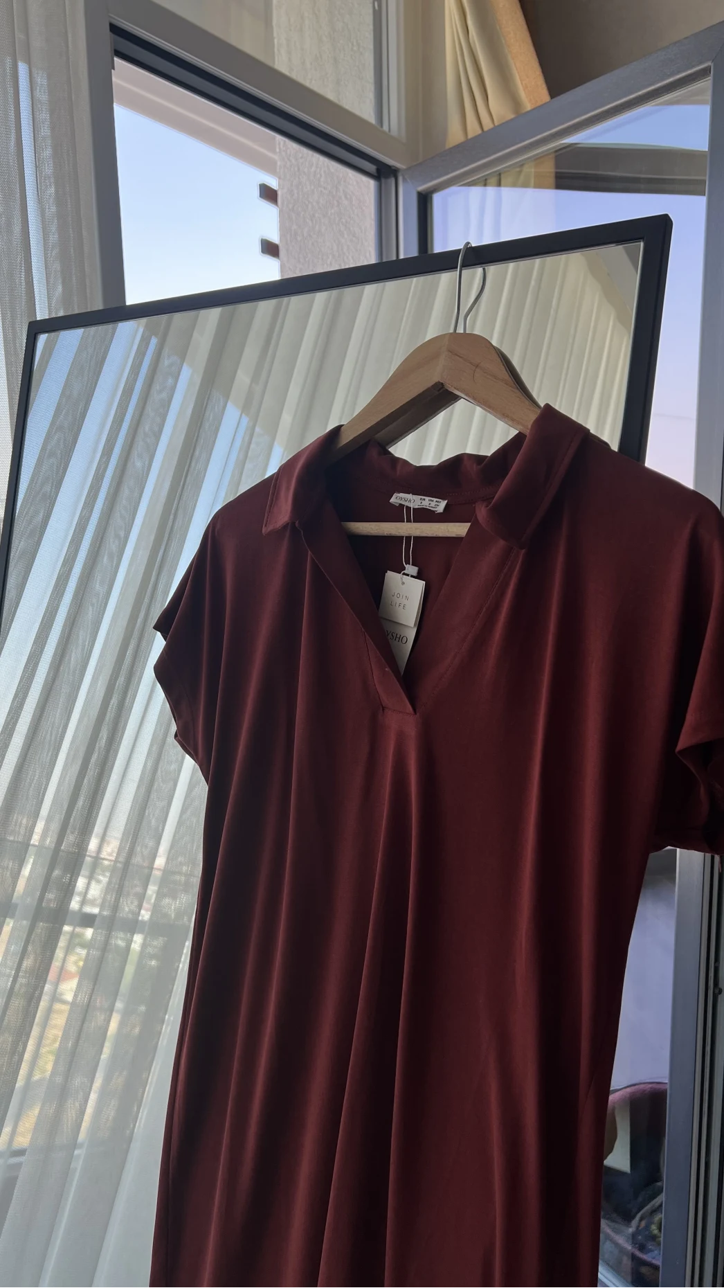 Oys Etiketli Modal Kumaş Bordo Polo Yaka Elbise
