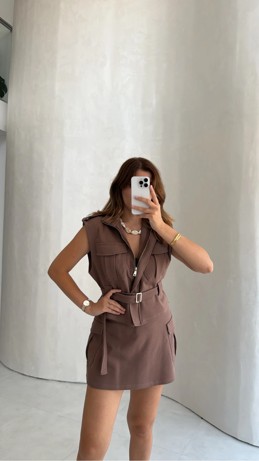 Oys Model Kemerli Yelek Takım - Kahve - Kod: 1042