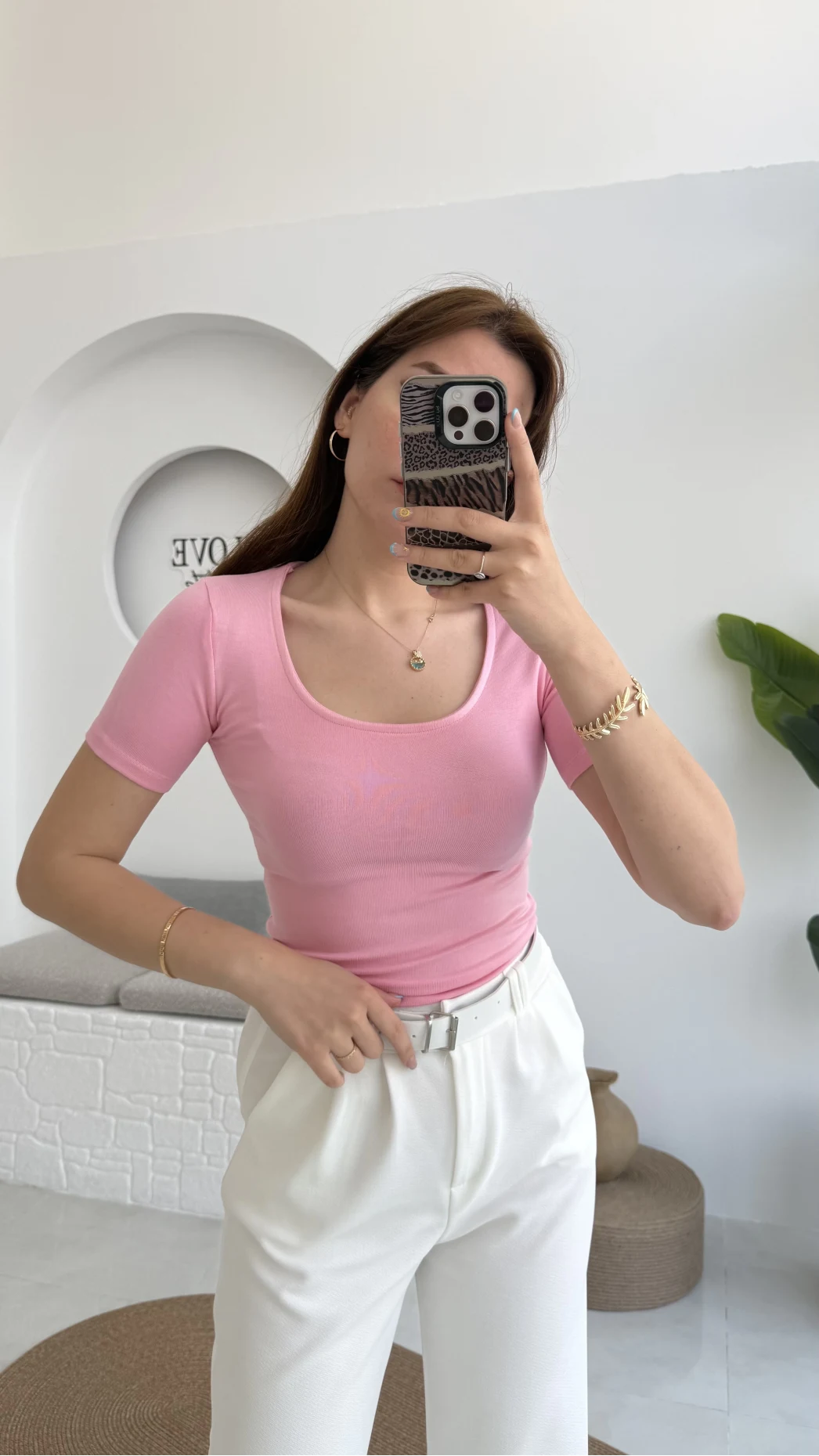 Oys U Yaka T-Shirt Pembe