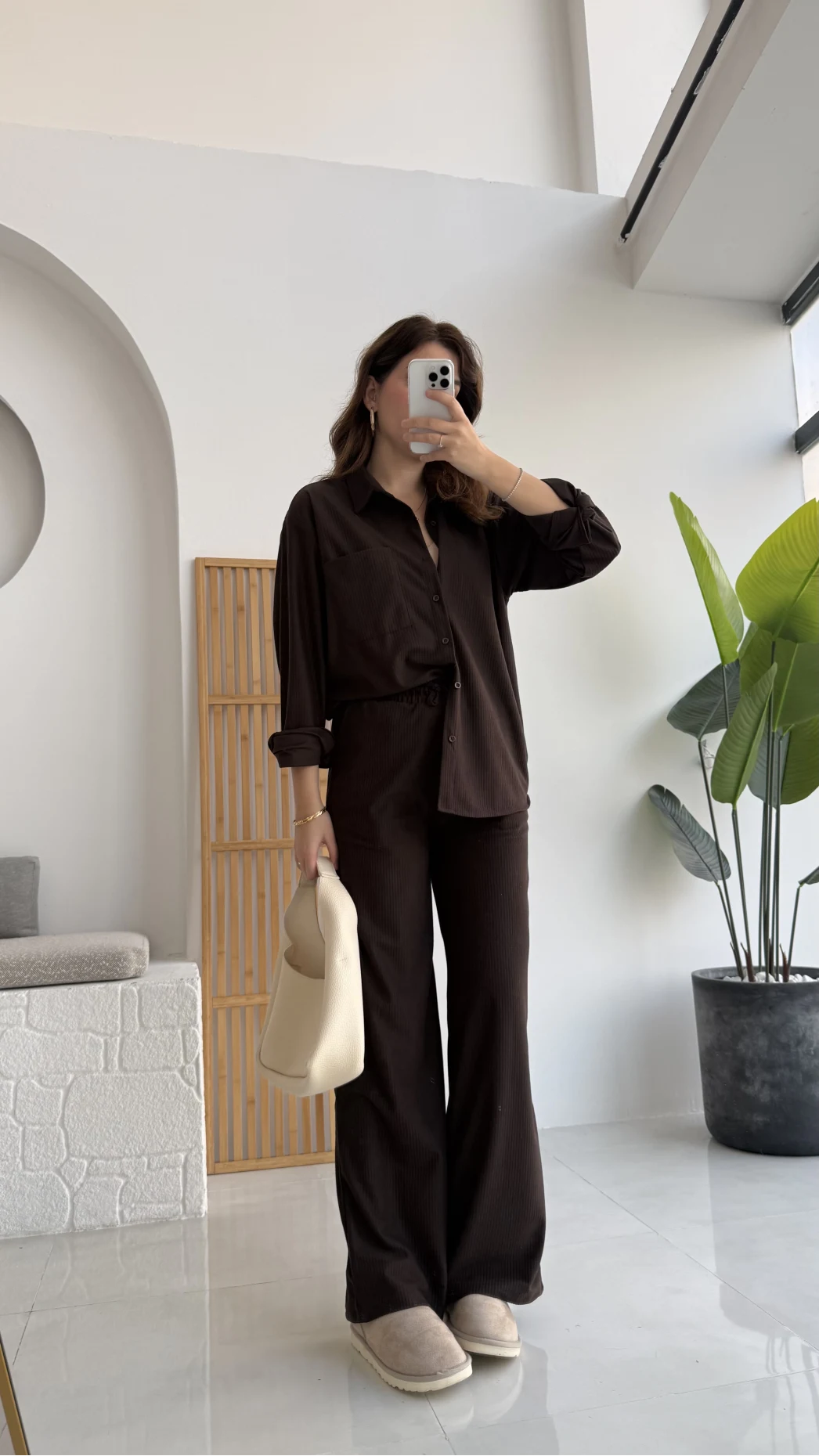 Paloma Fitilli Gömlek Pantolon Takım - Kahverengi - KOD:6033