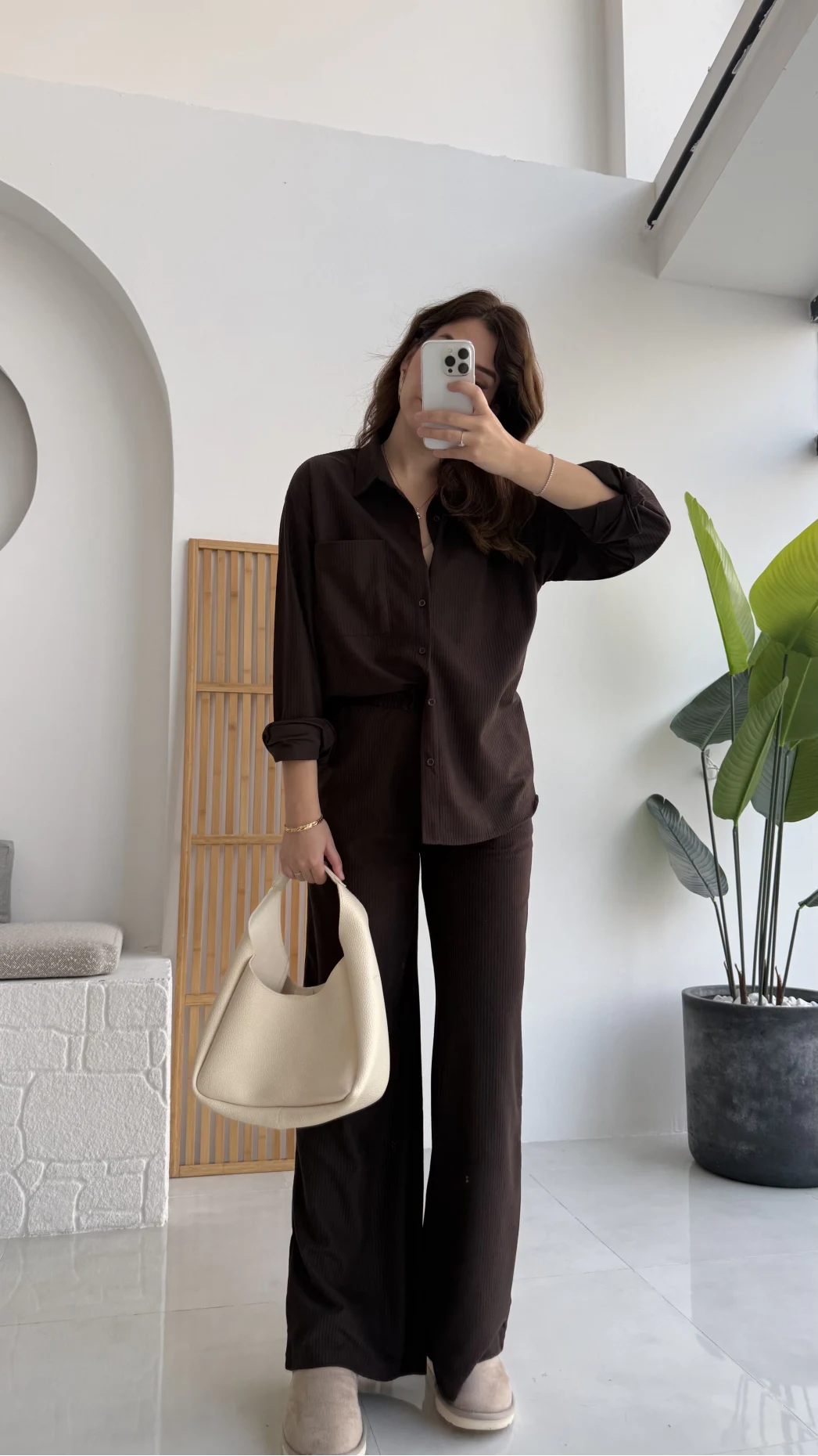 Paloma Fitilli Gömlek Pantolon Takım - Kahverengi - KOD:6033